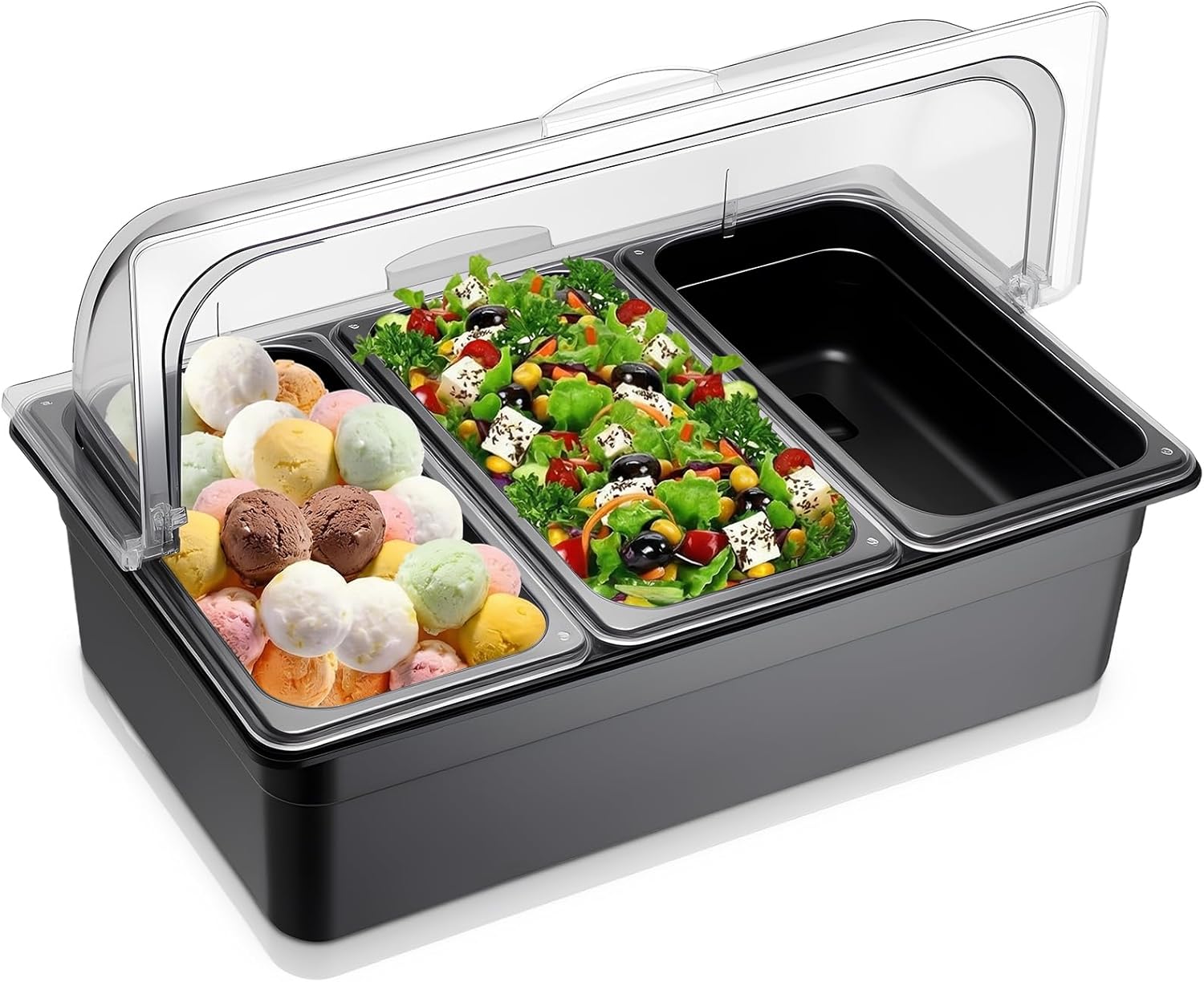 Countertop Food Serving Display Container Ice Chilled Condiment Caddy with Lid Plastic Food Serving Tray with Large Base Basin for Fruit Ice Cream Salad Restaurant Kitchen Party Garnish