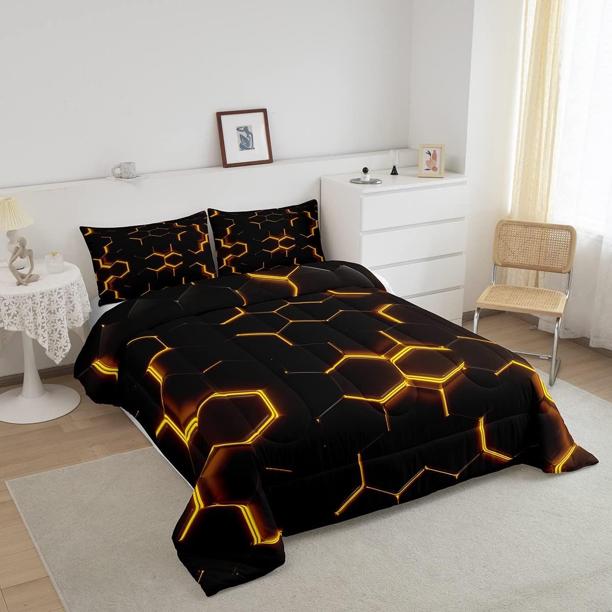 Feelyou Honeycomb Comforter Set Full Size Yellow and Brown Neon Lights Comforter Geometric Hexagon Bedding Set 3pcs for Kids Boys Girls Bedroom Decor Black Quilt Set with 2 Pillowcases