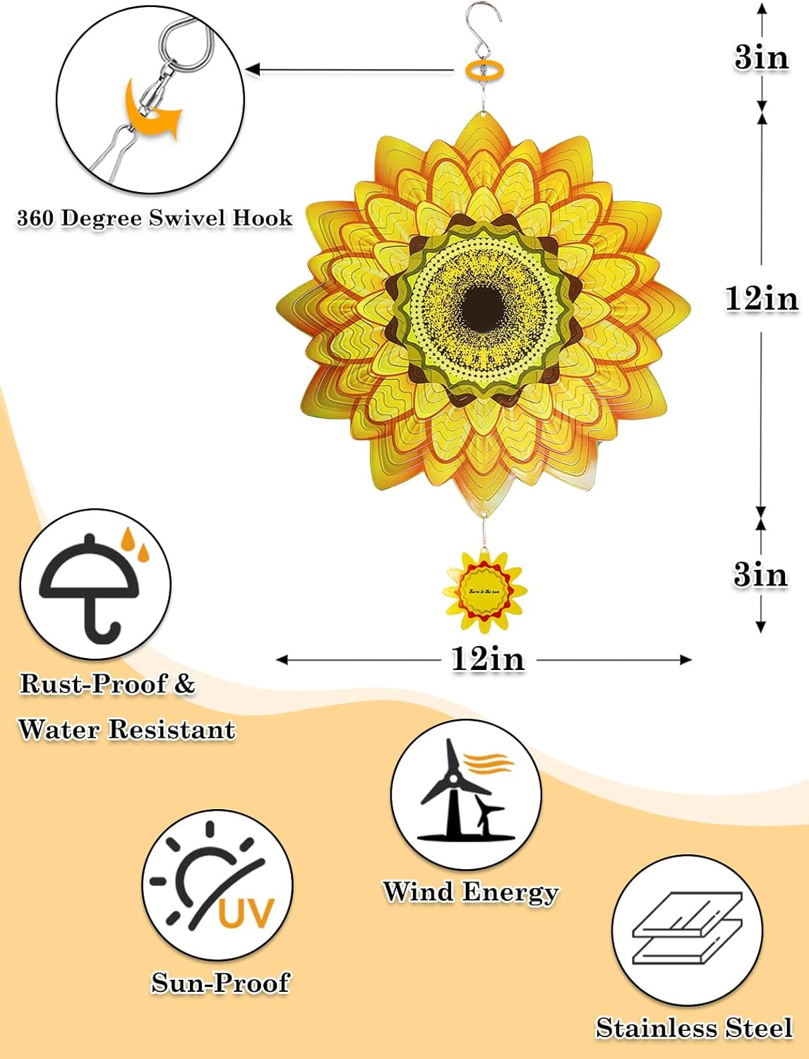 Sunflower Wind Spinners Outdoor Garden Decor for Outside - 12 Inch 3D Stainless Steel Metal Wind Spinners - Sunflower Gardening Gifts for Women, Yard Decorations Outdoor Hanging Decor