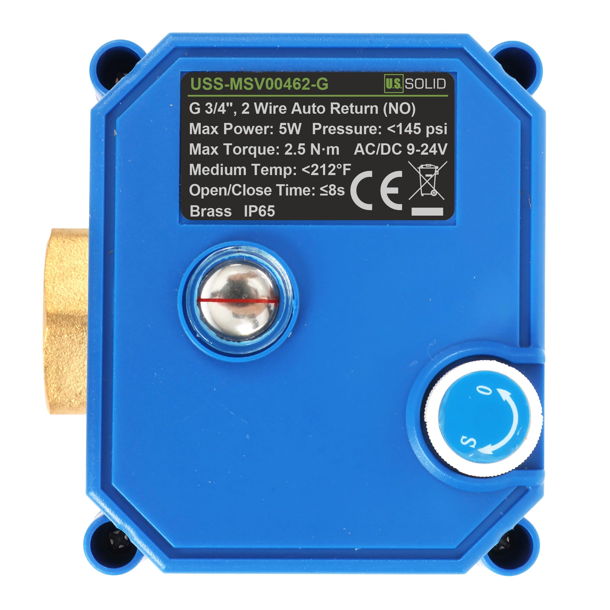 U.S. Solid Valvola a sfera motorizzata in ottone 3/4" - 9-24 V AC/DC, ritorno automatico 2 fili, comando manuale, normalmente aperta, porta completa