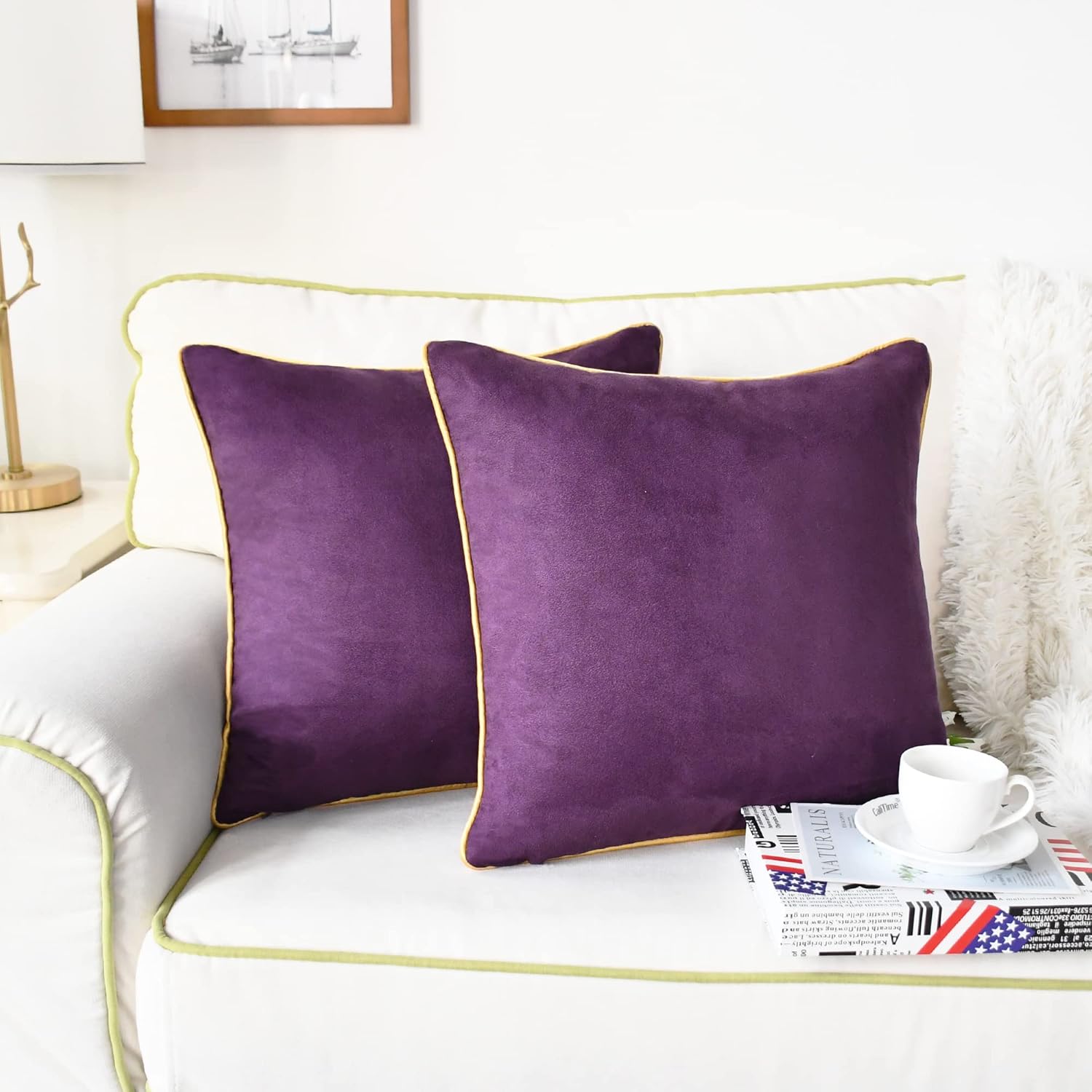 CaliTime Throw Pillow Covers Pack of 2 Super Soft Faux Suede Gold Piping Edge Accent Cushion Cases for Couch Bed Sofa Farmhouse Decorative 20 X 20 Inches Purple