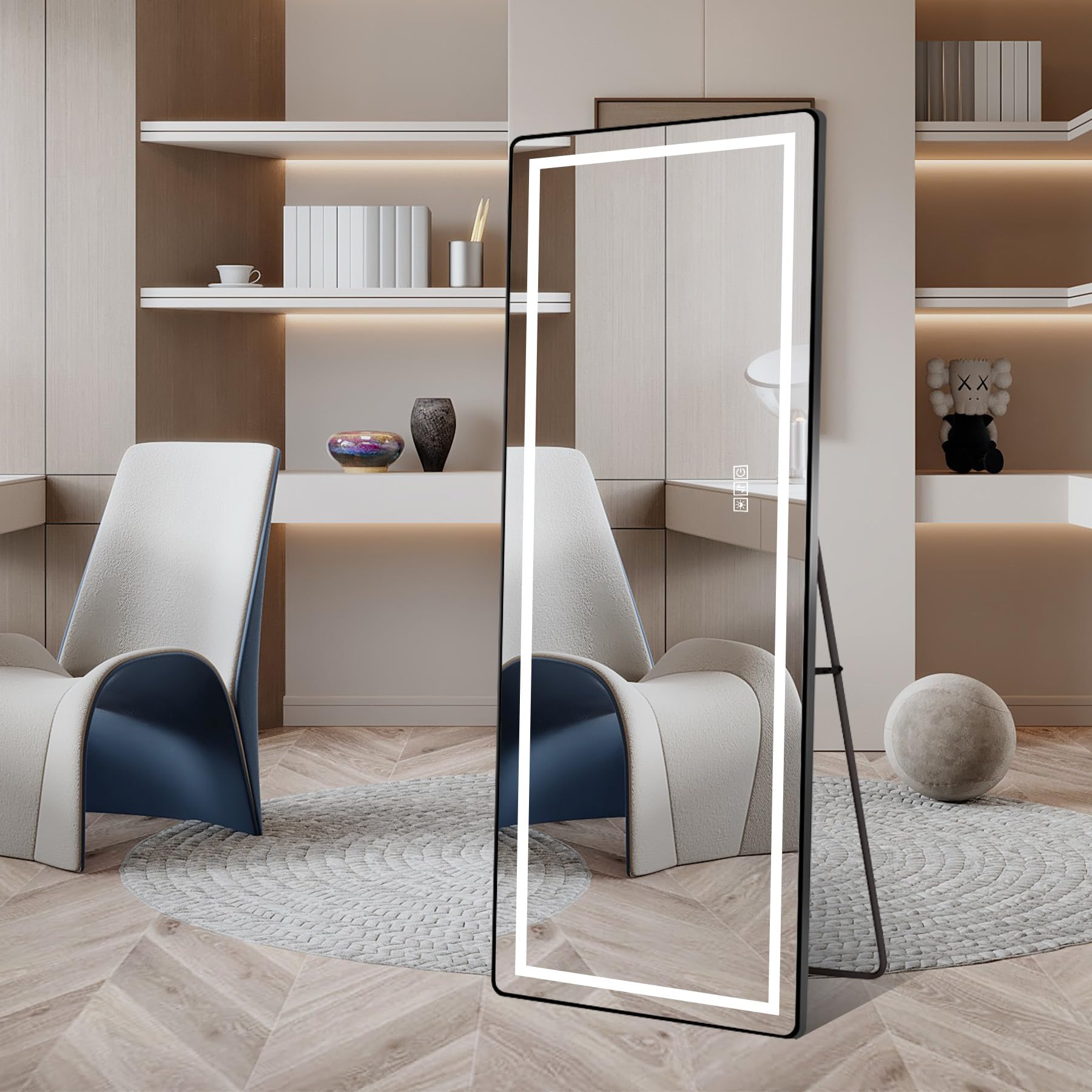 Gecheer Specchio Verticale a Figura Intera, LED dimmerabile 3 Colori 163x54 cm, Lega di Alluminio Nera, Specchio da Terra e da Parete for Bagno e Camera da Letto