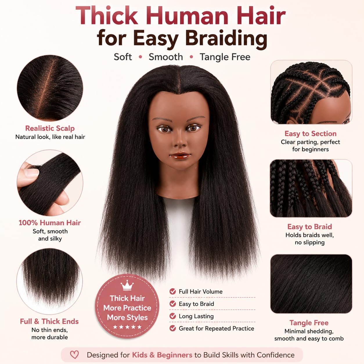 Mannequin Kopf 100% Echthaar Afro Cosmetology Haar Mannequin Kopf afrikanischer Amerikanischer Übungskopf Mannequin Styling Haar Haare schneiden Flechten für Friseur, schwarz
