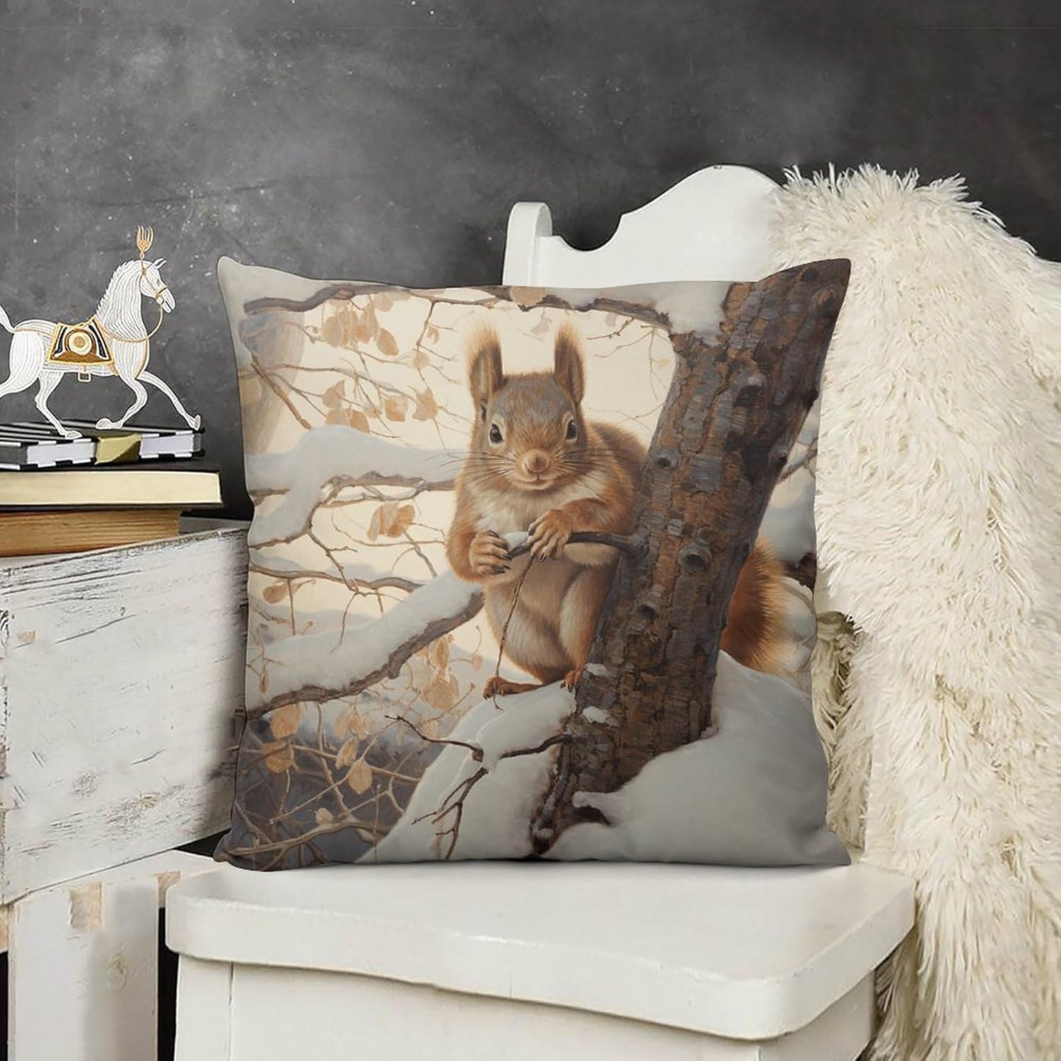 Throw Pillow Cover Set of 2 Double Sided Throw Pillow Cases Squirrel on Tree Throw Pillow Covers Square Couch Cushion Case Plush Cushion Covers for Living Room