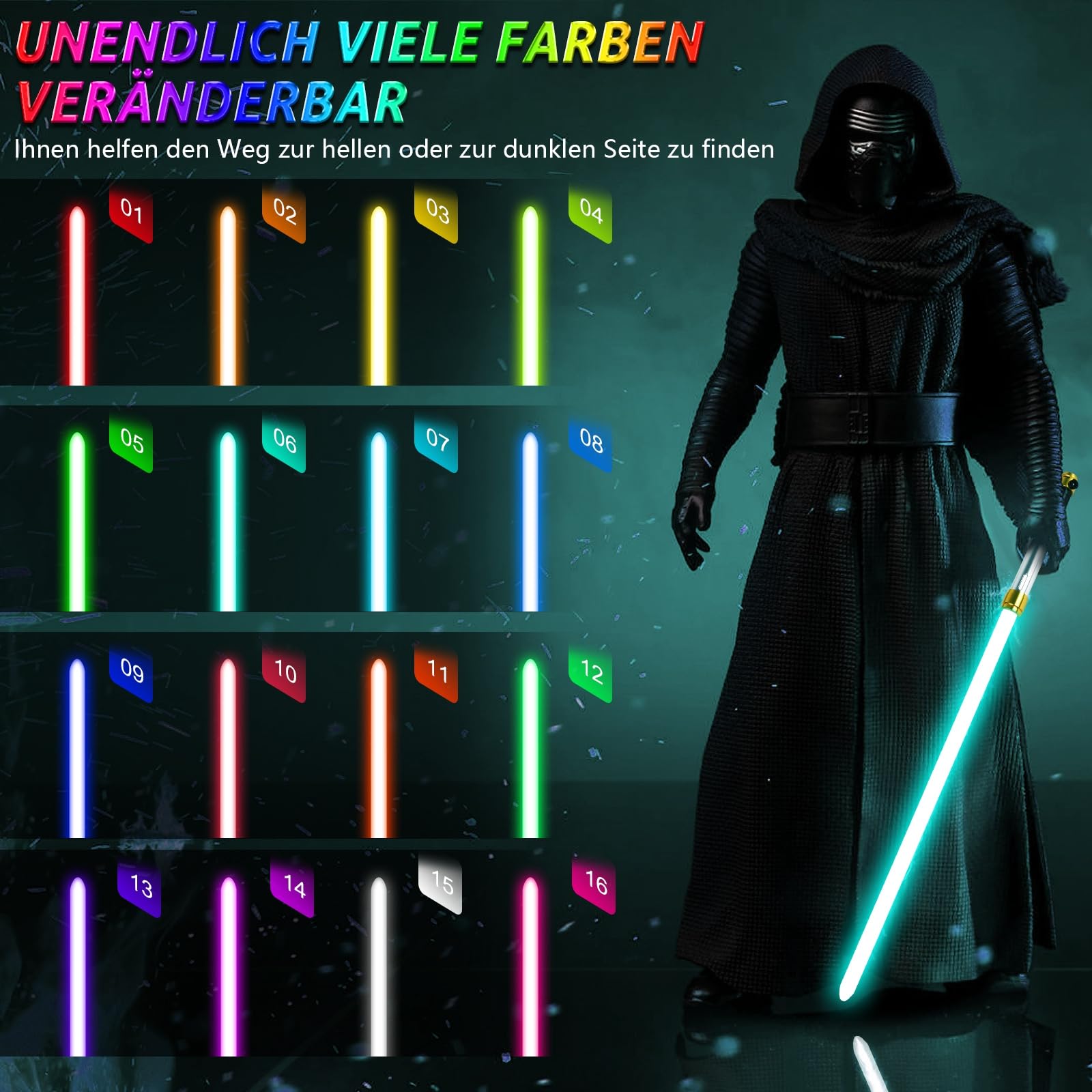 Saberforms Lichtzwaard, 2-in-1 lichtzwaard met 12 RGB-kleuren, 16 geluidsletters en bewegingsbesturing, Force FX lichtzwaard met verweerde retro-handgreep en verwisselbaar lemmet voor