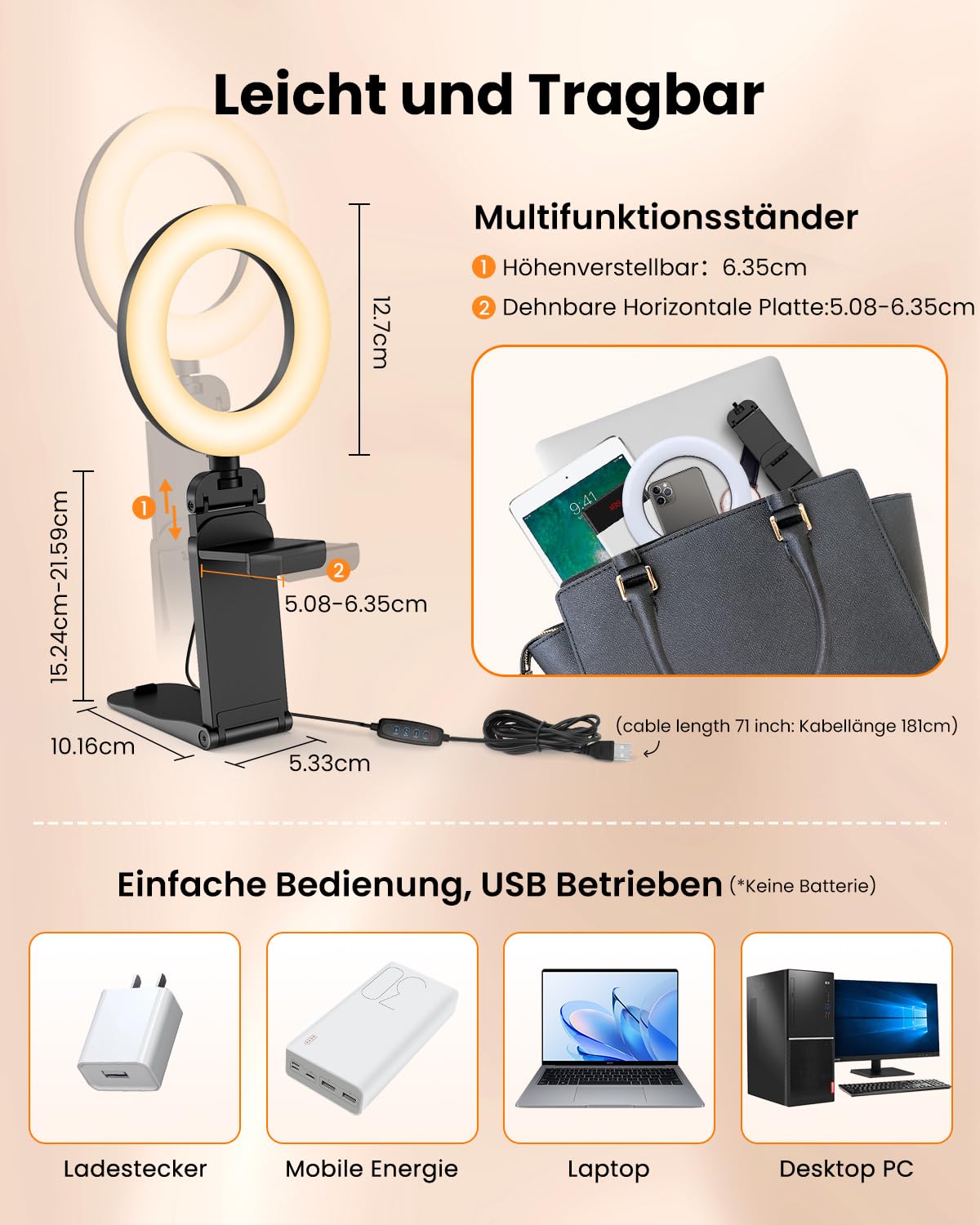 Evershop lampa pierścieniowa do laptopa, telefonu komórkowego, 5", lampa pierścieniowa ze statywem i uchwytem na telefon komórkowy, 3 kolory światła + 10 poziomów jasności, obracane o 360°