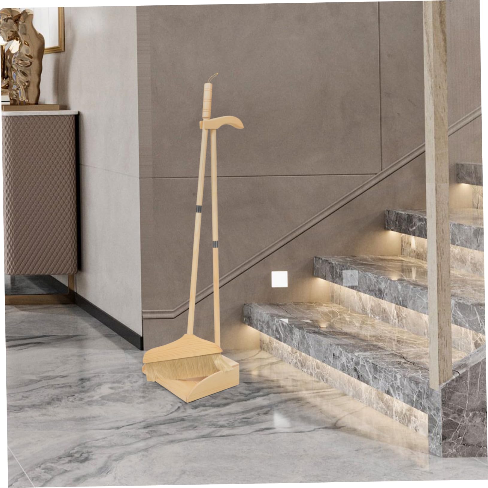 Escoba de Madera Largo de Mango de Limpieza, Recogedor Juego | Cerdas Suaves y Mango Ergonómico, Uso Doméstico y Exteriores, Ligero y Resistente al Desgaste