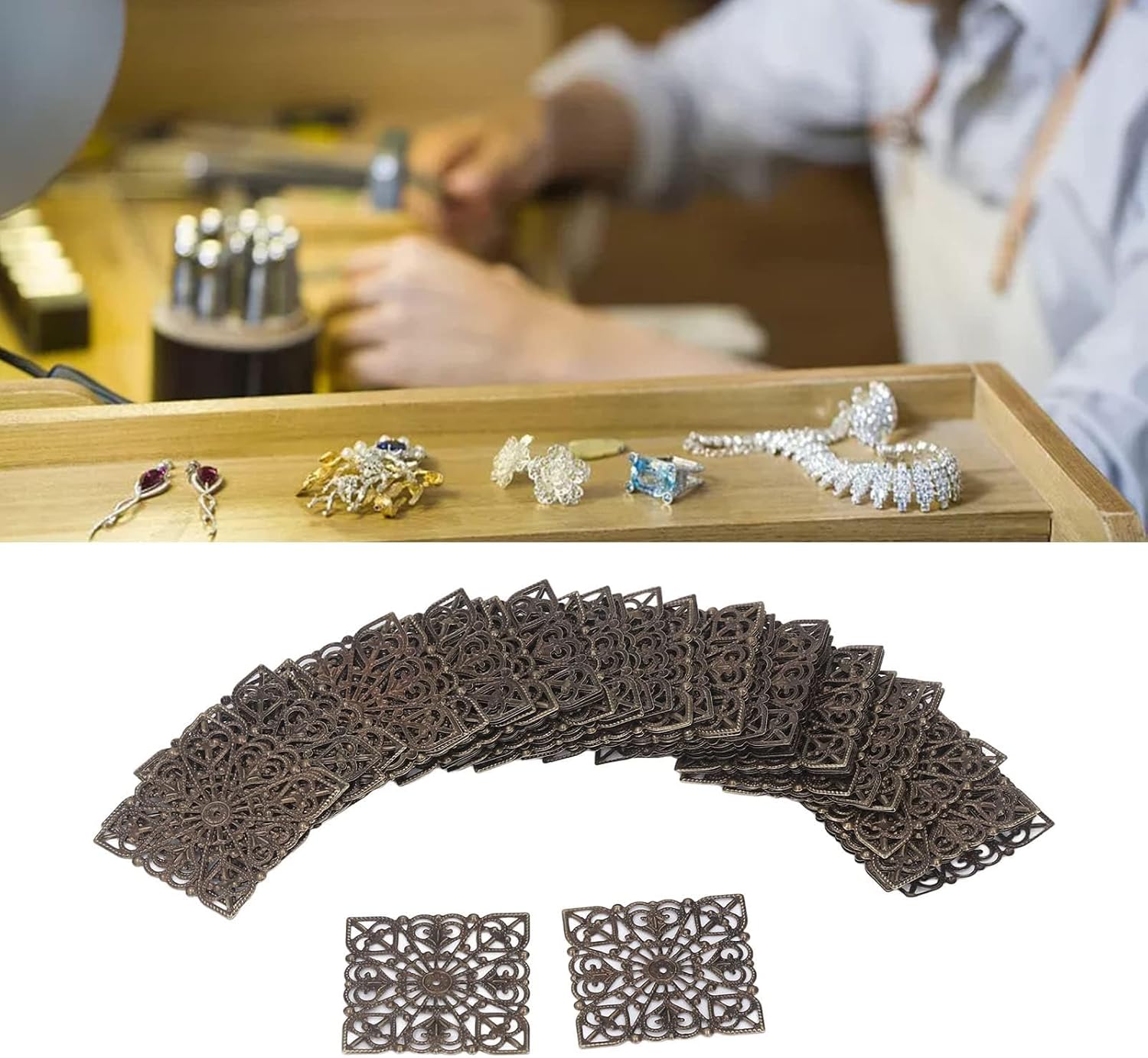 Antique Bronze Iron Filigree Pendant,50Pcs Square Iron Filigree Charm Pendant Connectors Hollow Electroplating Metal Embellishments for DIY Connectors for Jewelry Making - Image 4