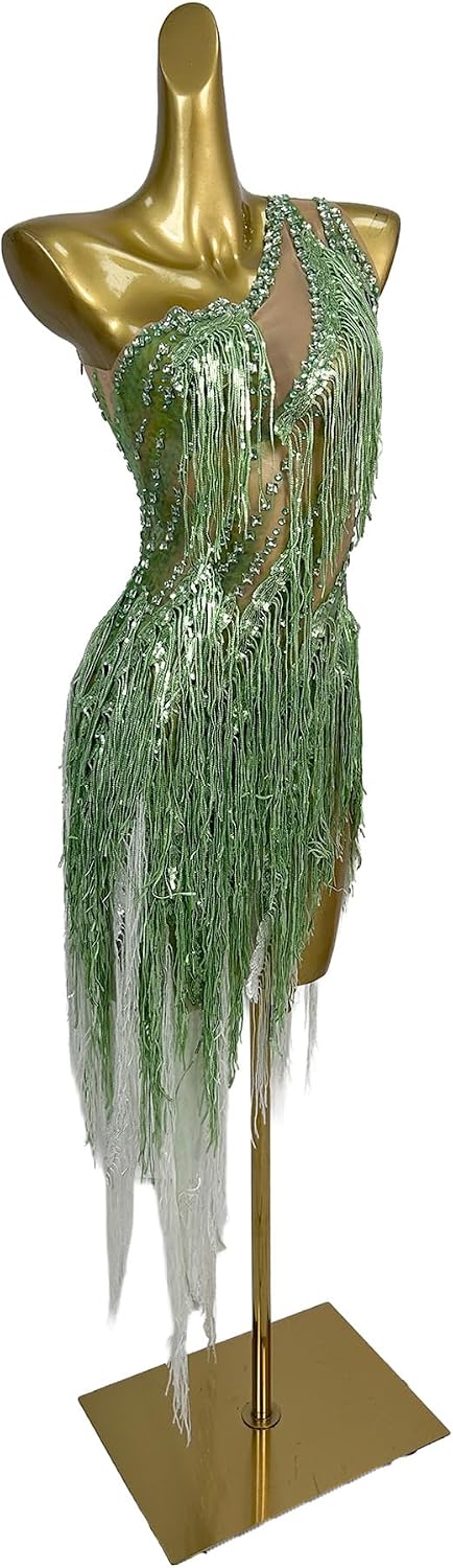 Green Fringe Latin Dance Dress Women Sparkly Sequin One Shoulder Tassel Gown Sheer Backless Ballroom Competition Dress