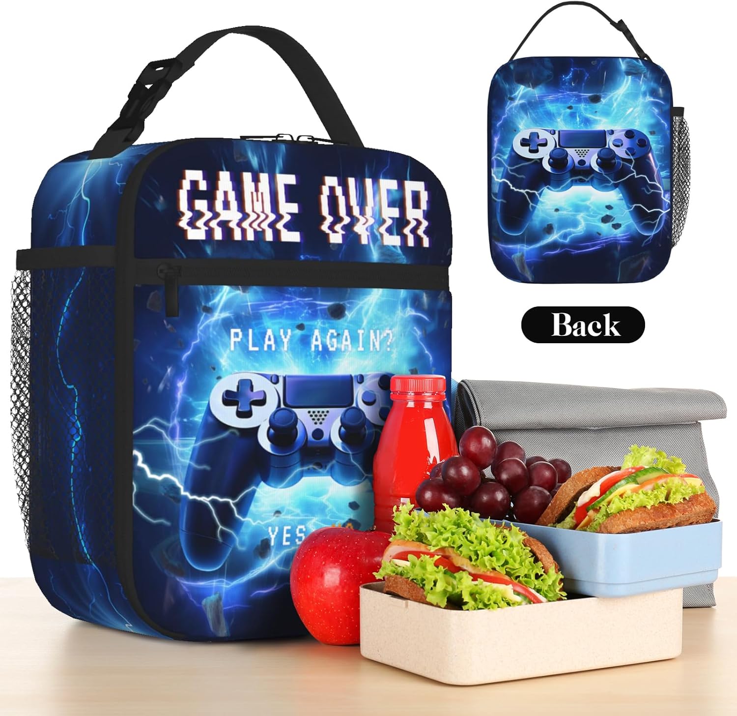 Gamepad Lunch Bag Kids Insulated Lunch Box for Boys Girls Fire Video Game Lunch Bag Reusable Lunch Box With Adjustable Shoulder for School Work Office Travel Picnic Hiking Beach