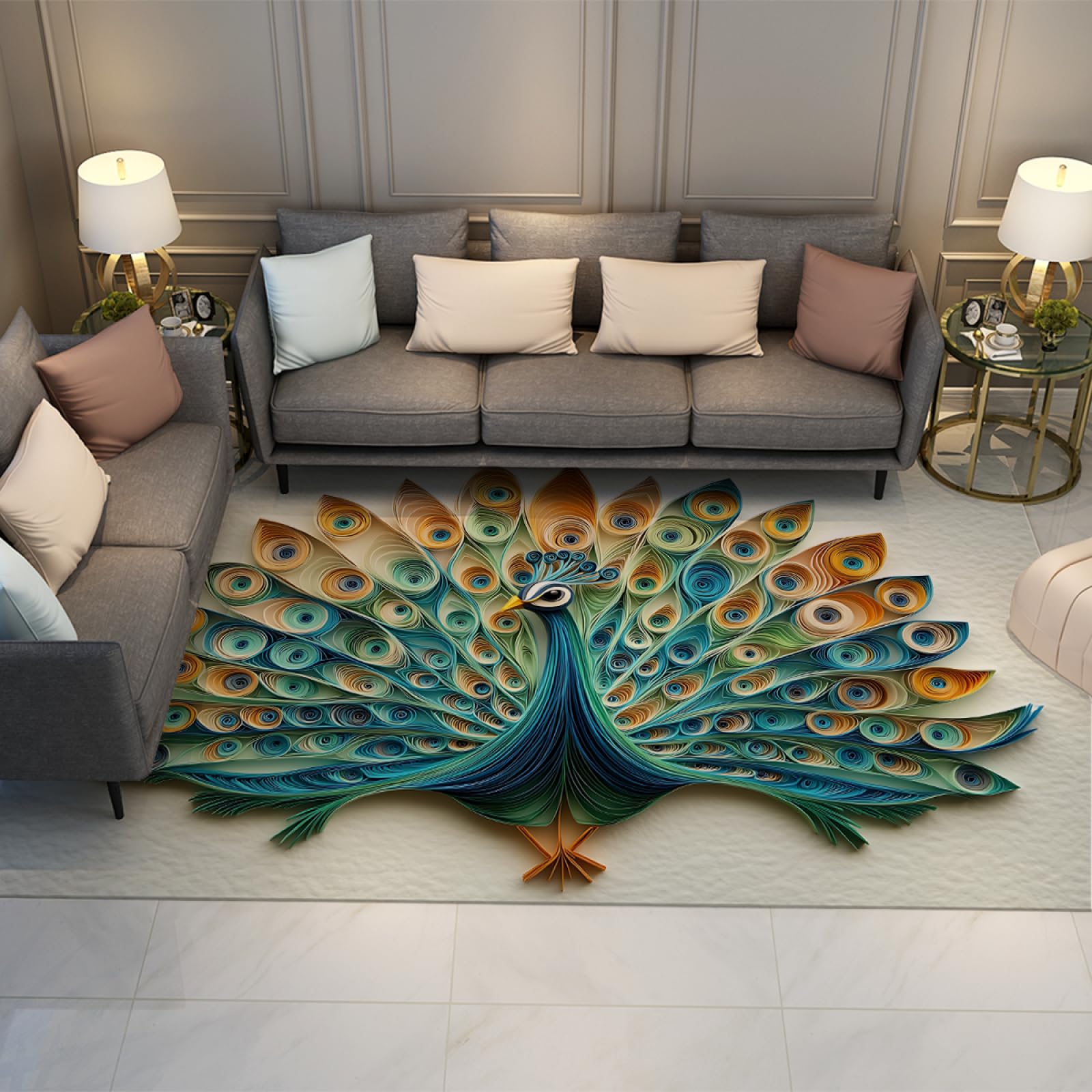 Tapis paon bleu 3D antidérapant idéal pour le bureau à domicile