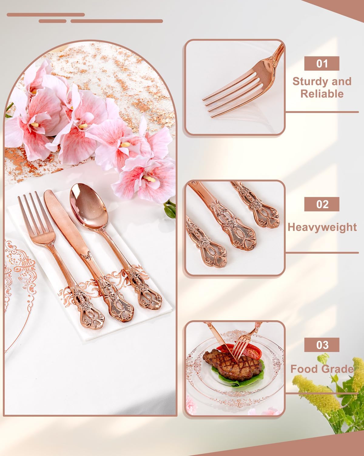 YOUBET 700PCS Rose Gold Plastic Plates - Clear Rose Gold Plastic Dinnerware Set Include 200 Disposable Plate, 300 Heavy Duty Silverware, 100 Cups, 100 Napkins for Wedding & Party & Baby Shower - Image 8