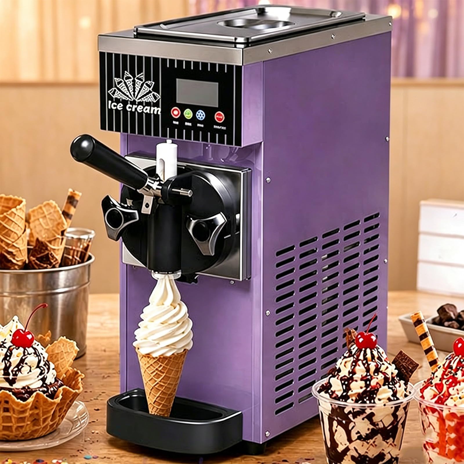 BITYCOW Single-Flavor Ice Cream Machine, 450W Countertop Soft Serve Maker with Adjustable Hardness, LCD Display, Stainless Steel Body, Ideal for Snack Bar and Food Truck Purple