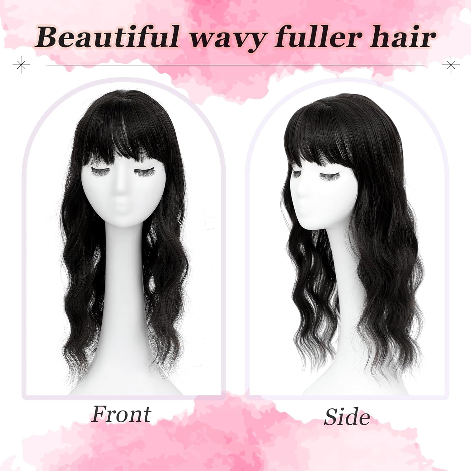 Hair Topper, 360° 3D Hair Toppers for Women with Thinning Crown, 20 Inch Long Wavy Curly Hair Pieces Clip in Bangs (Black, 20 inch, French Bangs)