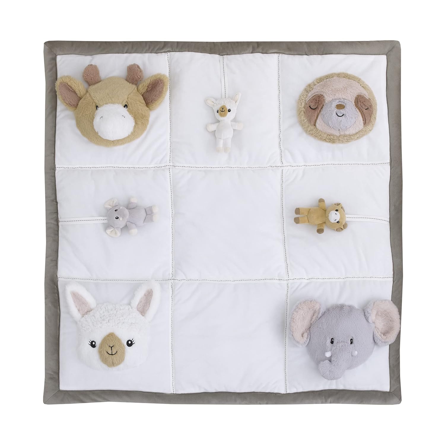 NoJo Playful Pals White, Tan, & Gray Four 3D Animals with Crinkle Plush Tummy Time Play Mat - Sloth, Llama, Elephant, & Giraffe, Grey, White, Tan