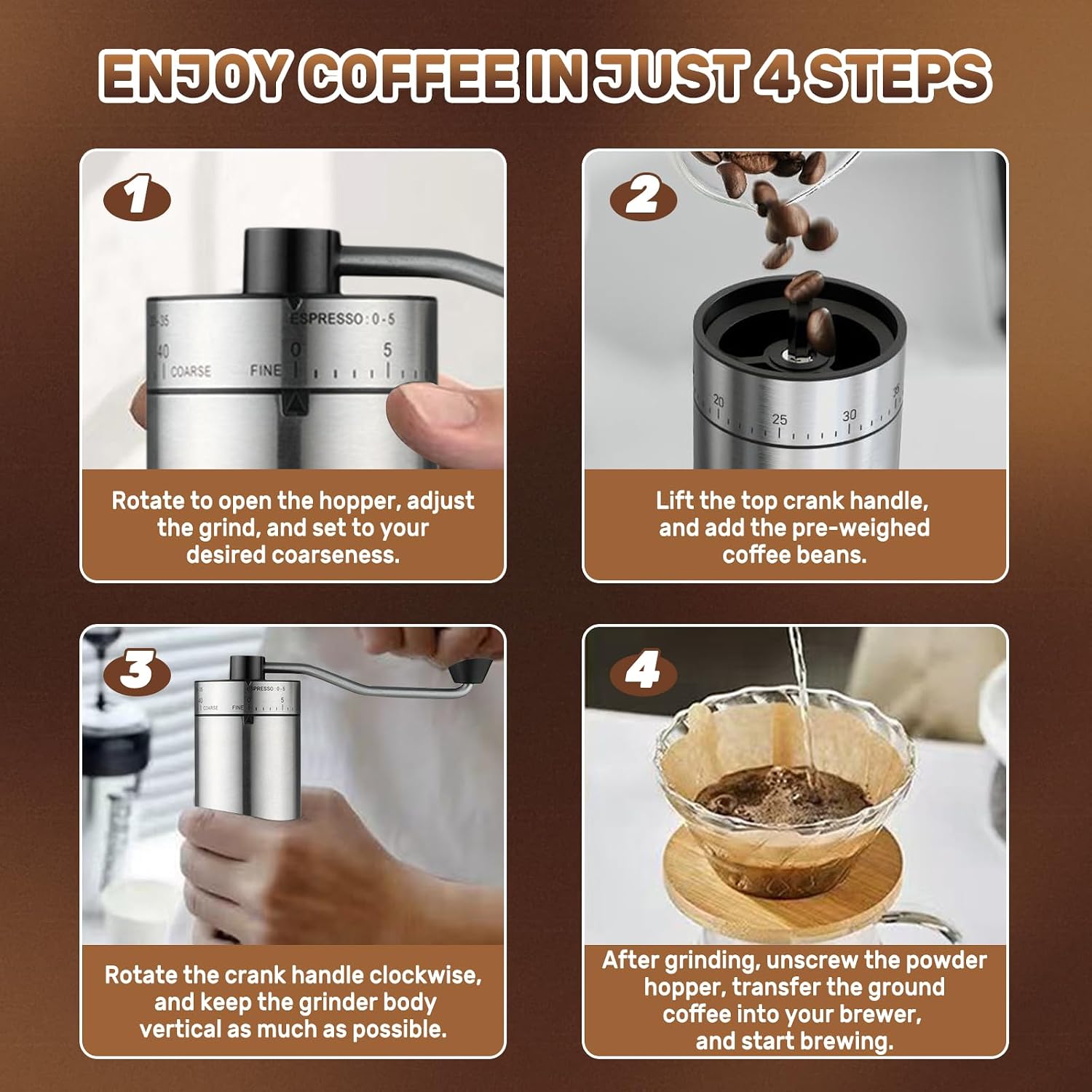 Manual Coffee Grinder Conical Burr with 40 Adjustable Settings, Portable Stainless Steel Hand Coffee Bean Mill for Espresso Pour Over, Camping Travel Office, Gift