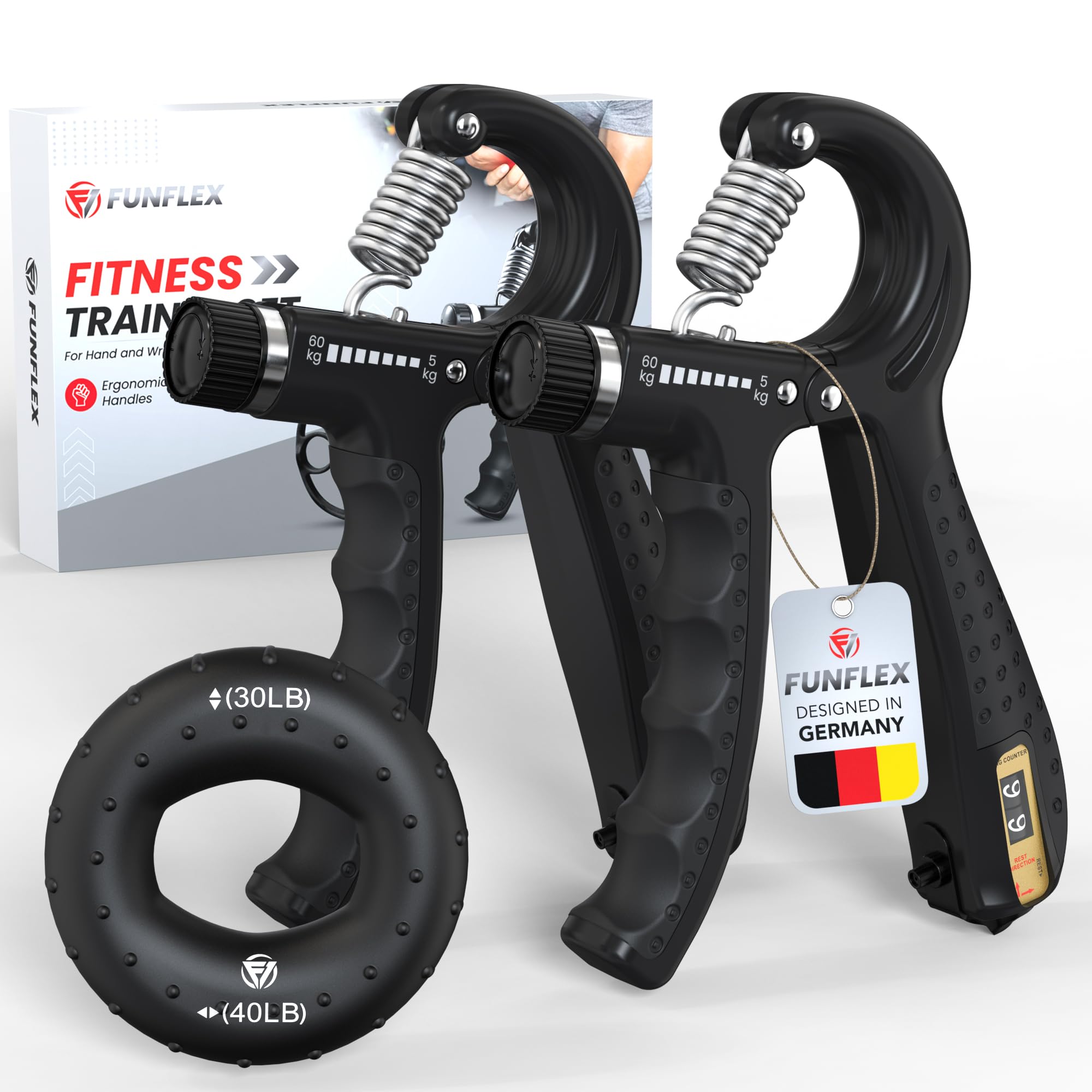 FUNFLEX Trener chwytu dłoni – Zestaw do ćwiczeń palców, dłoni i przedramion – Regulowany opór 5–60 kg z licznikiem