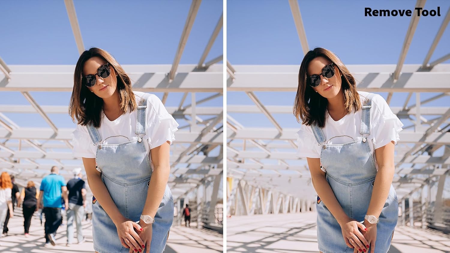 Before and after image showing a woman on a bridge, where several background people are removed using the 'Remove Tool' for a cleaner composition.