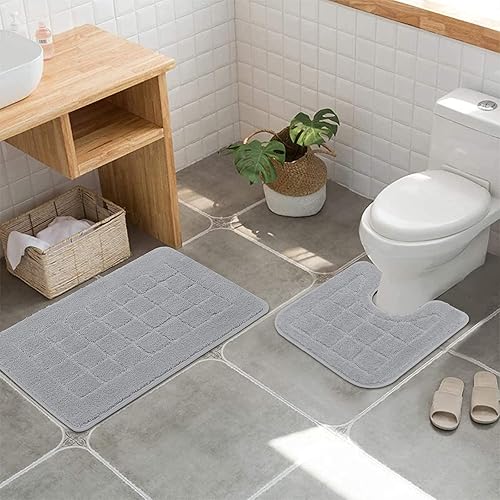 Miniatura 6 de HEBE Juego de 2 alfombras de baño antideslizantes grises para baño, tapete de baño de microfibra para ducha y inodoro en forma de U, lavable a