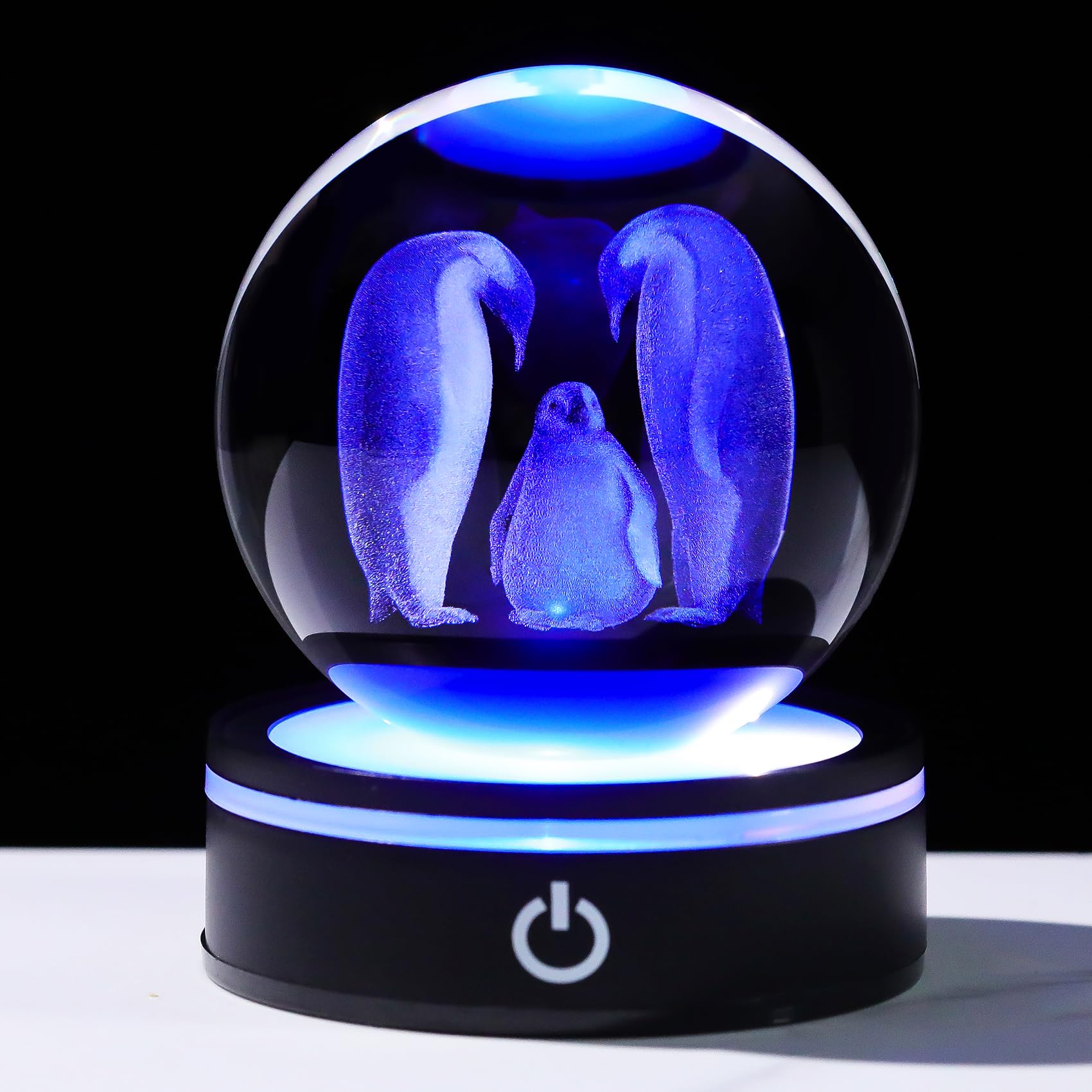 YWHL 3D Crystal Ball Penguin Figurine with LED Base Laser Penguins Gifts for Women Men on Christmas Birthday Decorative Penguin Statue Ball Glass Animals Globe Night Light for Home Decor (80mm)