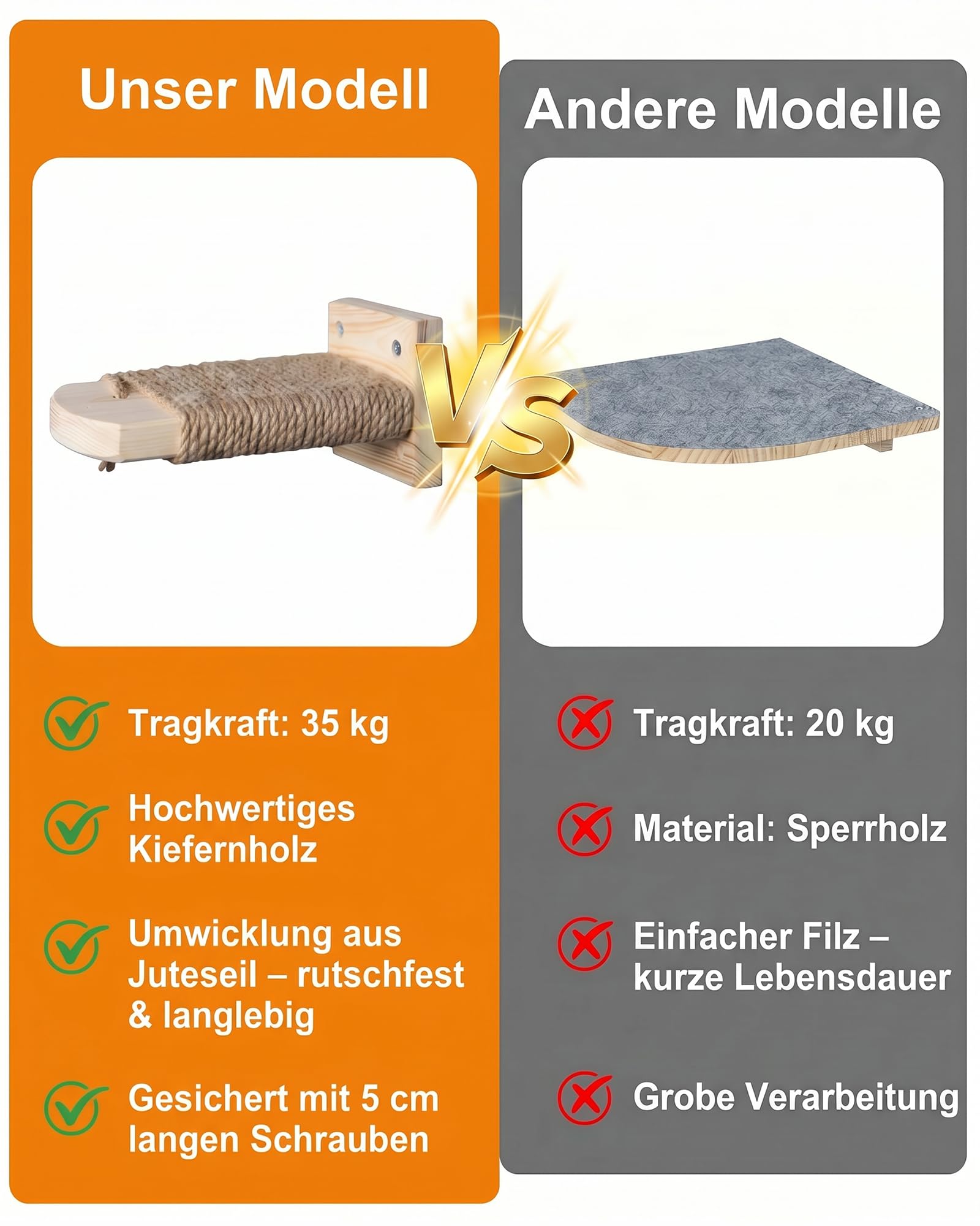 4 Stück Katzentreppe Wand: Kletterwand Katzen aus Massivholz mit Juteseil 21cm bis 35kg Wandliege zum Klettern Ruhen Kratzen für Wohnung Katzen