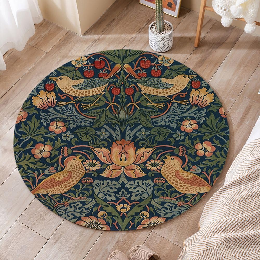 Absract William Morris Strawberry Thief Round Rug Floral Bath Mat,Vintage Plants Herbs Flowers Botanical Classic Design Illustration Circular Throw Rug Bathroom Decor Mat 63"
