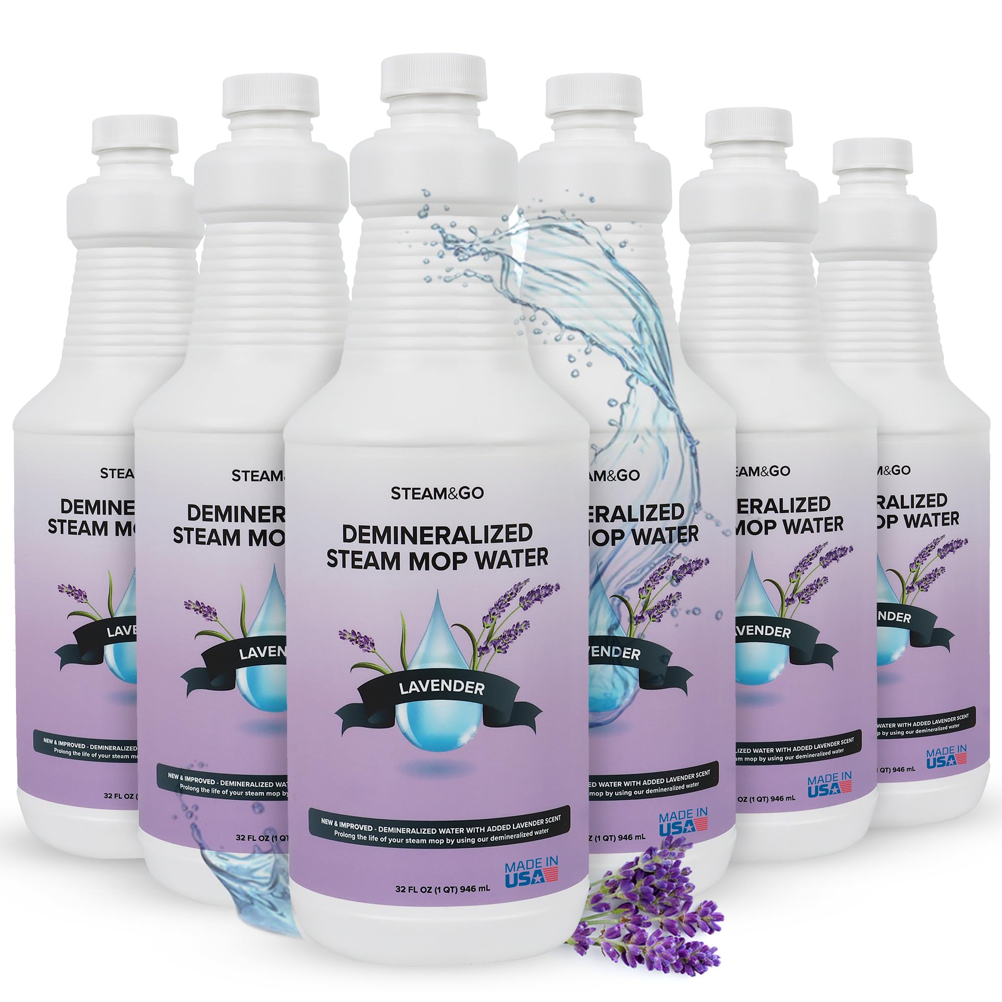 Steam & Go Demineralized Water for Steam Cleaner - PVC-Free Floor Cleaning Solution Compatible for All Steam Mops - Multi-Surface Cleaner for Home Surfaces - Lavender Scent, 32 oz (Pack of 6)