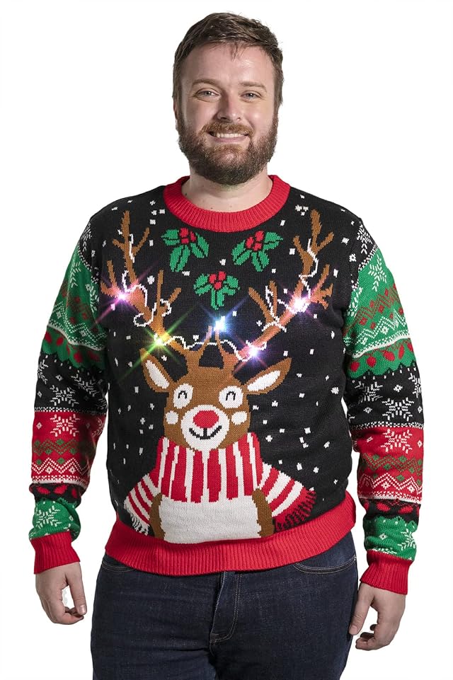 Mens LED Ugly Christmas Sweater Unisex Funny Novelty Knit Pullover with Lights
