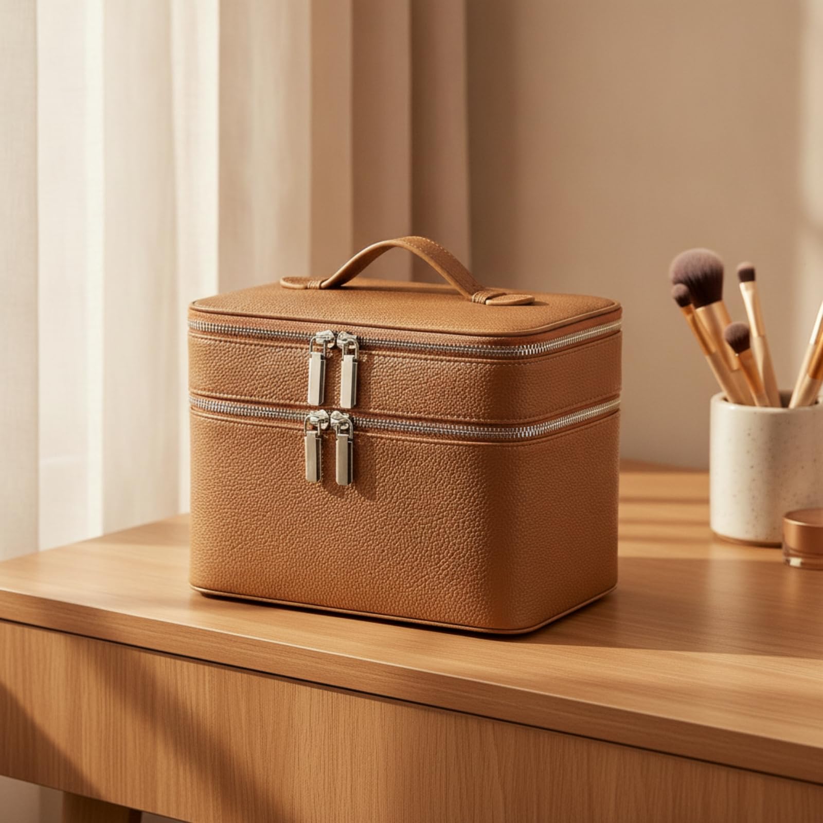 TISHITA Bolsa Cosméticos Portátil | PU grabado, Estuche Maquillaje Rectangular, Bolsa Maquillaje con Doble Capa, para Viajes, Baño, Viajeros, Marrón Oscuro