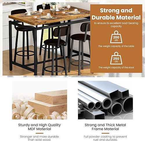 Miniatura 4 de Recaceik Juego de mesa de bar para 4 mesas de bar y sillas, mesa de comedor industrial con 4 taburetes tapizados de cuero sintético, altura de