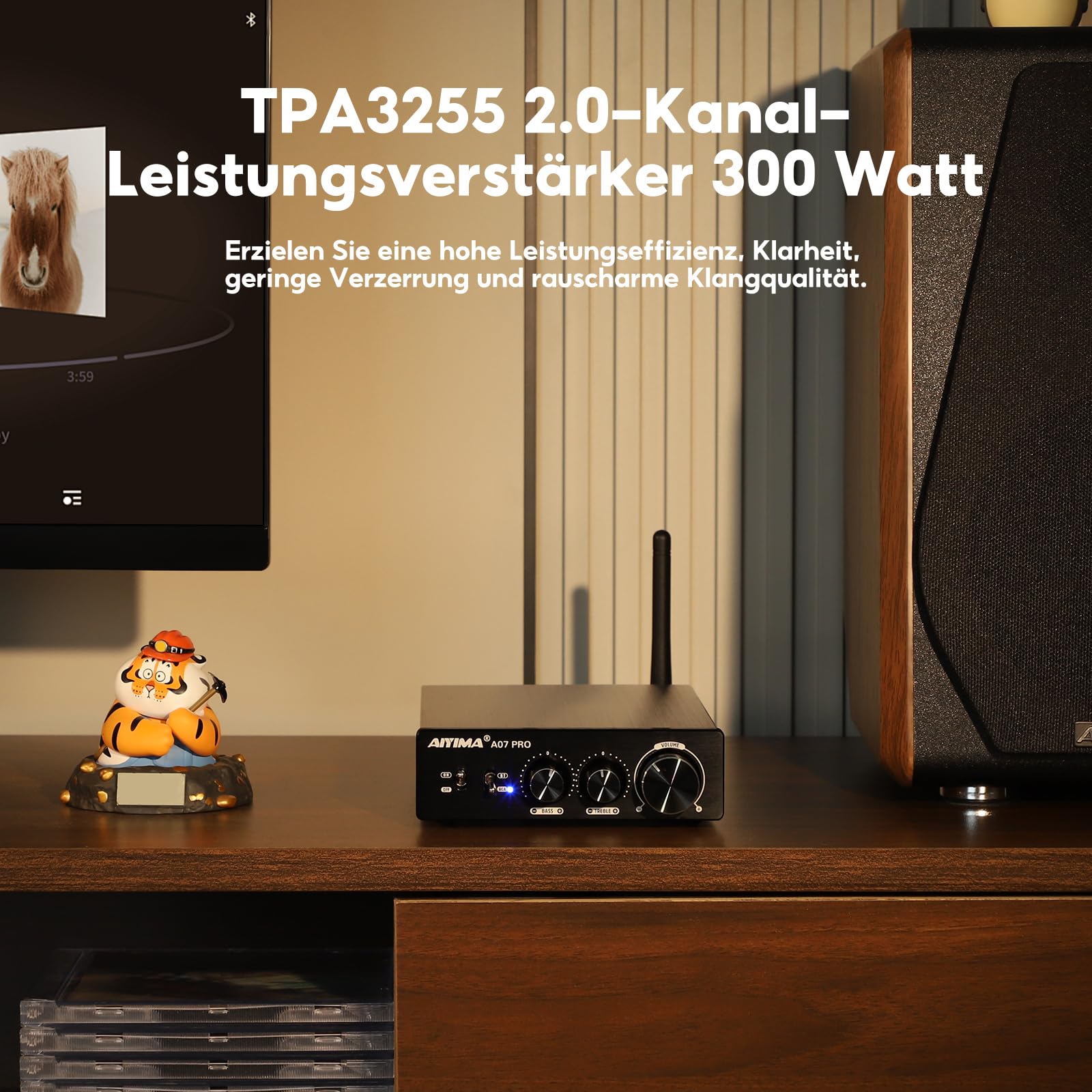 AIYIMA A07PRO TPA3255 Mini-Leistungsverstärker 2.0/2.1-Kanal-Audioverstärker 300 W x 2 Klasse D Hi-Fi-Stereo-Vollverstärker QCC304X Bluetooth 5.2-Desktop-Verstärker mit Höhen- und Bassregelung