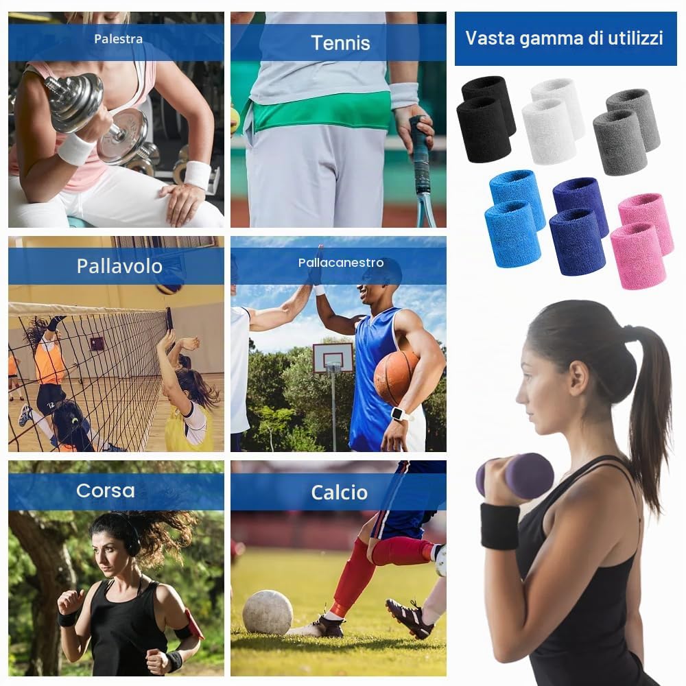 Set di 12 Polsino Sportivo Elastici per Tennis Ginnastica, Calcio, Basket | 3.2 x 3.0 Inch Polsini Tergisudore in Cotone Morbido e Spesso Traspirante Adatto a Ragazzi, Ragazze e Edulti (Colorato)