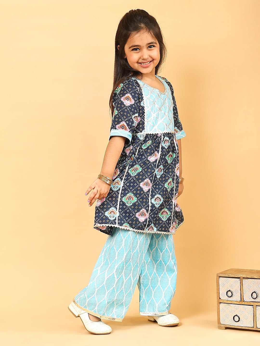 Superminis Baby Girls Cotton Printed Kurti with Gota Work and Straight Palazzo