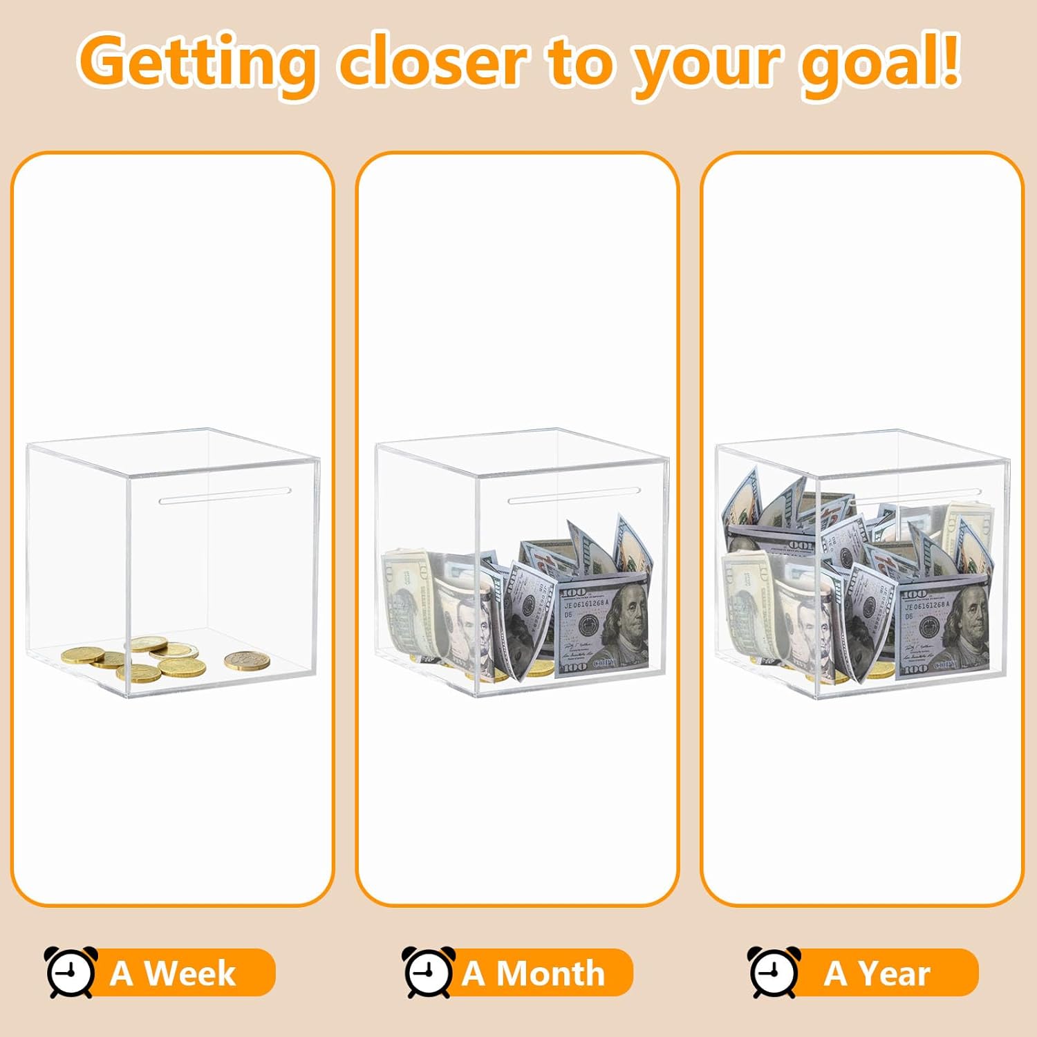 Clear and Unopenable Piggy Bank, Transparent Money Box for Cash Savings, Must-Break-to-Open Acrylic Coin Bank Change Jar for Real Money, Birthday Gifts for Kids & Adults (Square, Large)