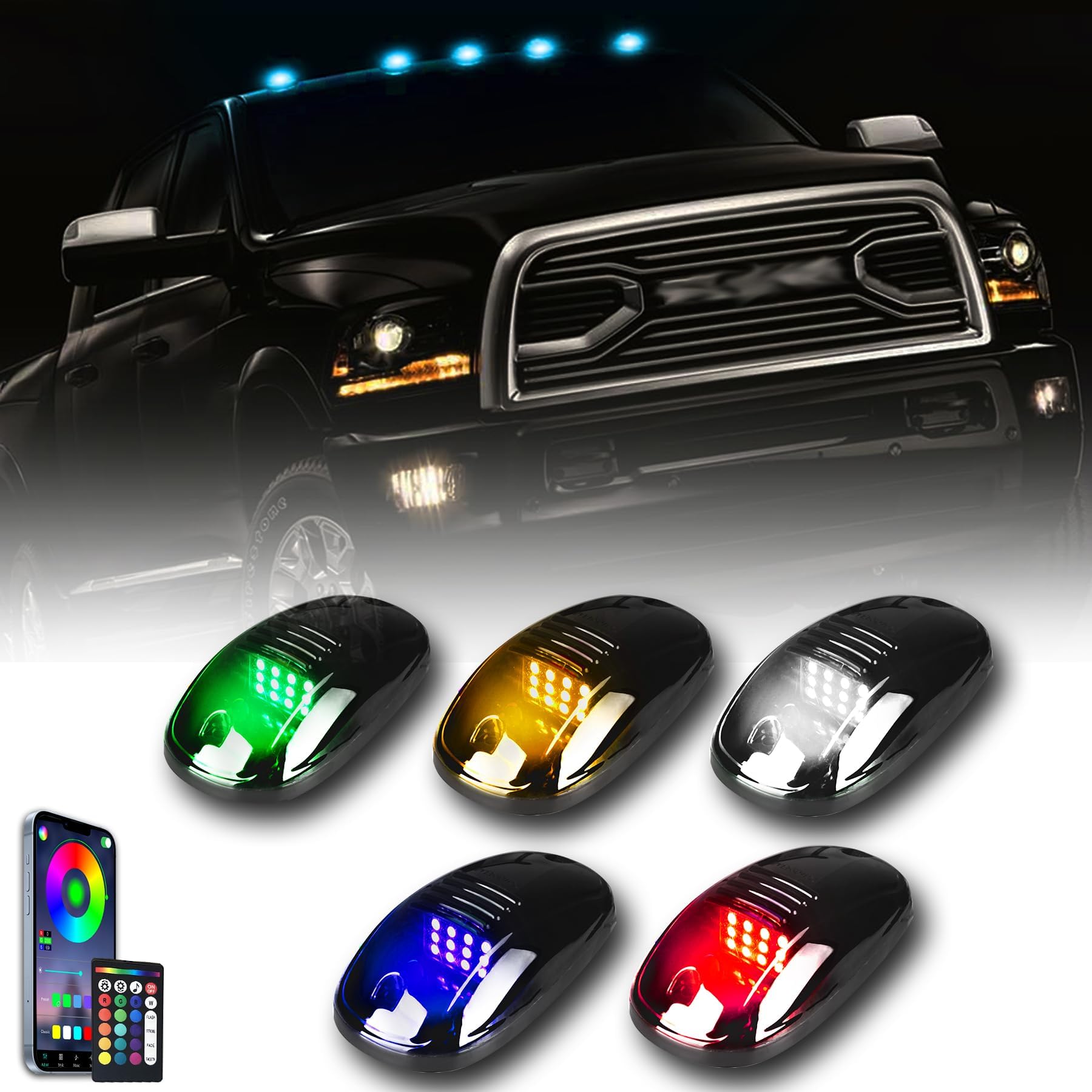 5x Cab Lights Smoked RGB Top Roof Running Clearance Lights LED Cab Marker Lights Compatible for Dodge Ram 1500 2500 3500 Pickup Trucks