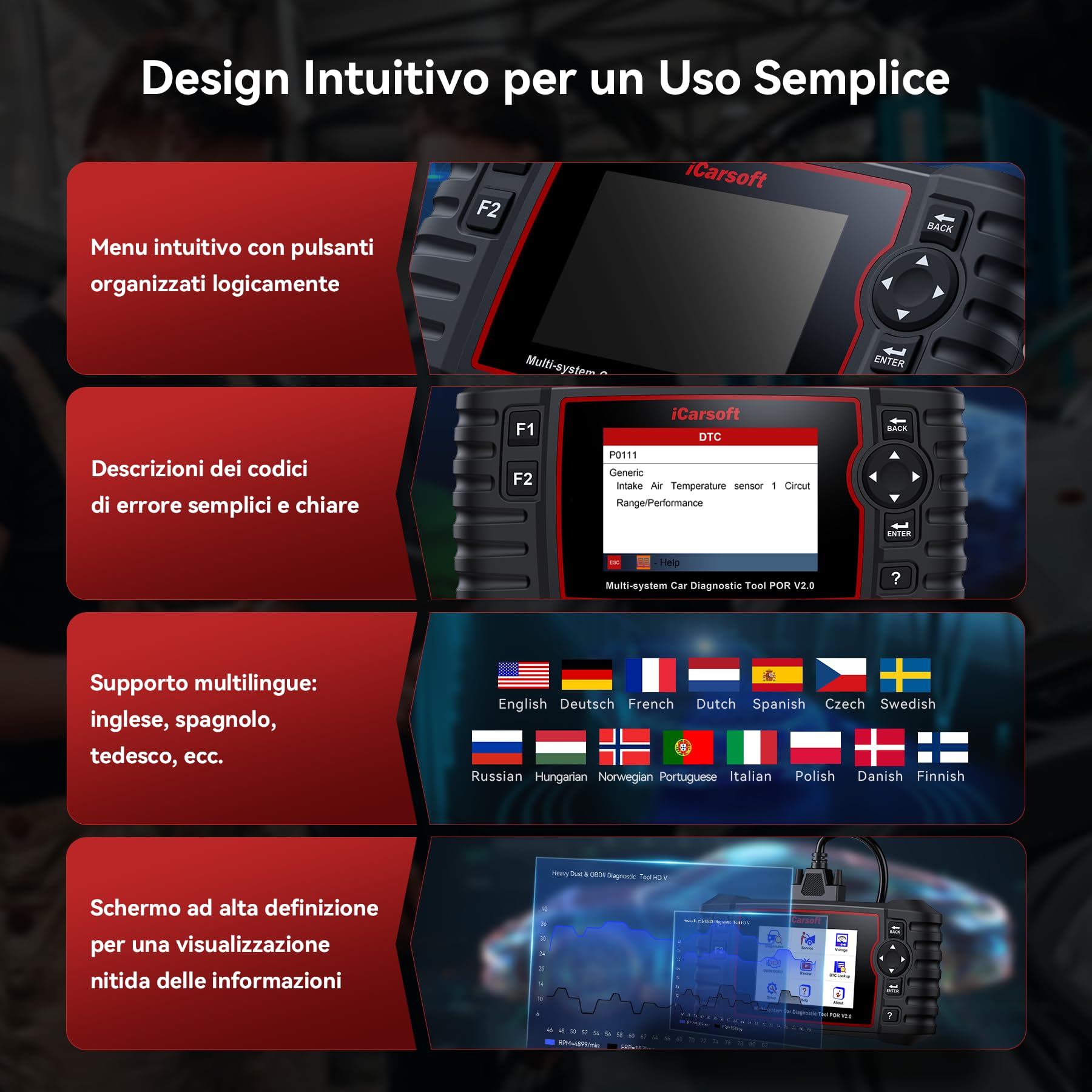 iCarsoft POR V2.0 OBD2 Auto Diagnostica per Porsche/Cayenne/Macan, Diagnosi Auto in Italiano Tutti i Sistemi, 9 Funzioni di Ripristino, Olio/EPB/BMS/ETC/SAS/INJ/TPMS/DP-F/ABS, Aggiornamento a Vita