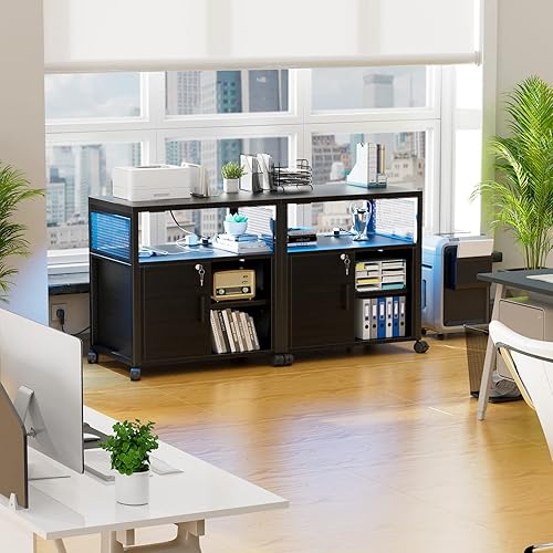 Miniatura 2 de Unikito Archivador lateral con tomas de corriente y puertos de carga USB, soporte de impresora móvil con almacenamiento, gabinete de oficina para