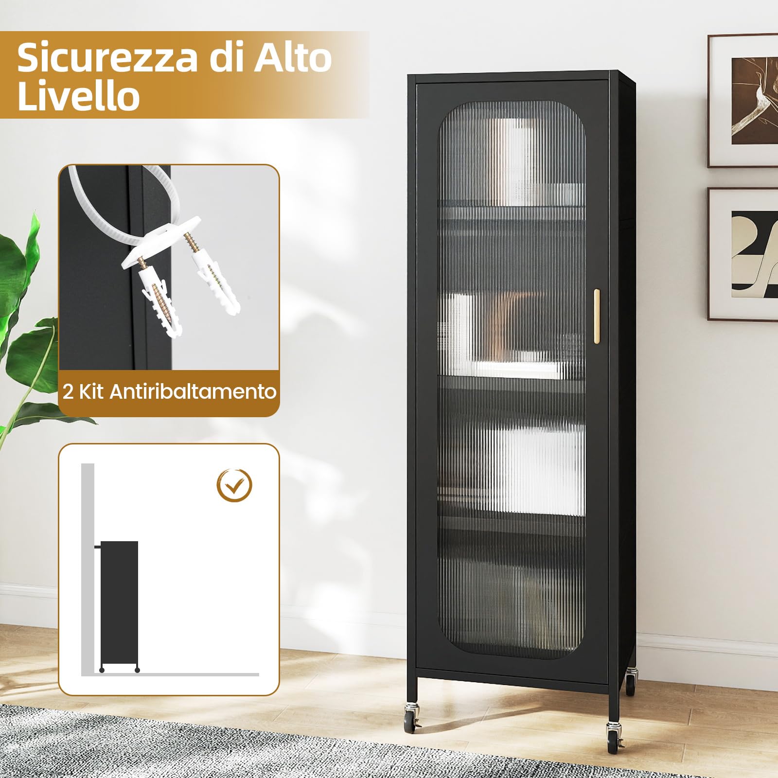 COSTWAY Mobile da Cucina in Metallo a 5 Ripiani, Credenza Salvaspazio con Mensole Regolabili 4 Ruote, Base Intercambiabile e Porta Semitrasparente, Organizzatore per Sala da Pranzo, Soggiorno (Nero)