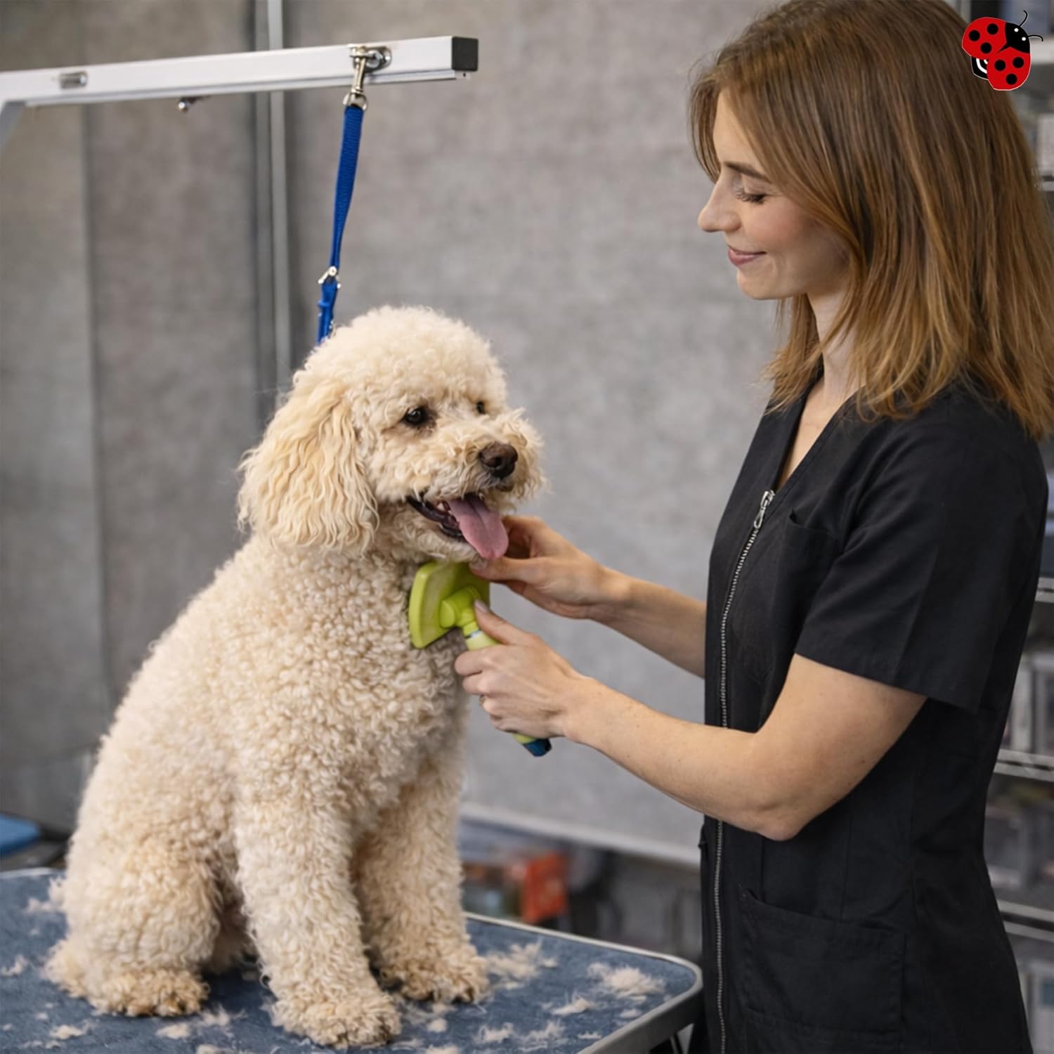Ladybird Line 650 V Neck Rhinestone Zipper Grooming Jacket, Water & Hair Resistant, with Pockets for Pet Groomers & Stylists