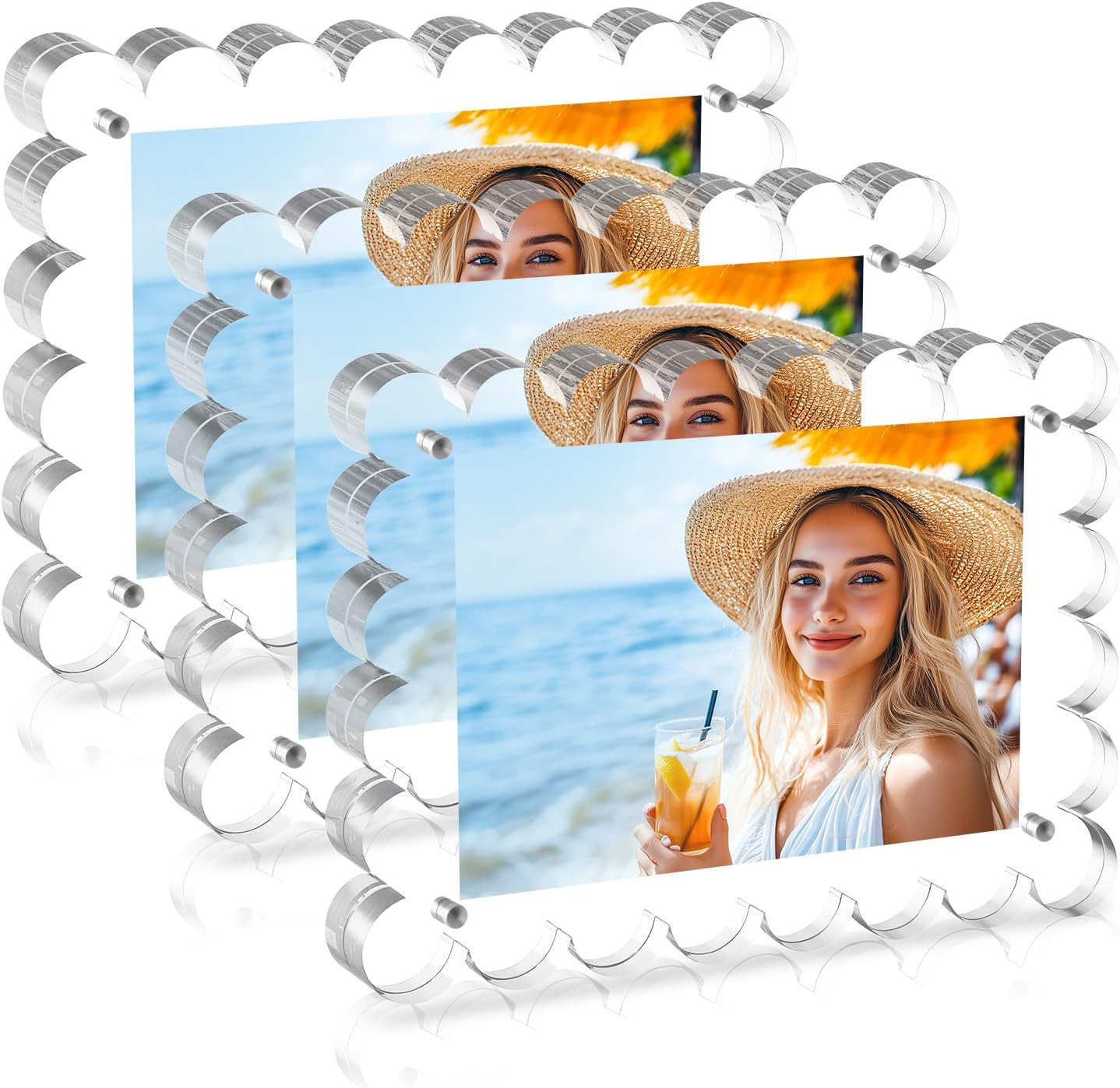 3 Pack 5x5 Acrylic Frame, Acrylic Frames, Clear Picture Frame, Double Sided Magnet Frames with Scalloped Edges, 10+10mm Thick Freestanding Gift for Office or Home Desktop Display