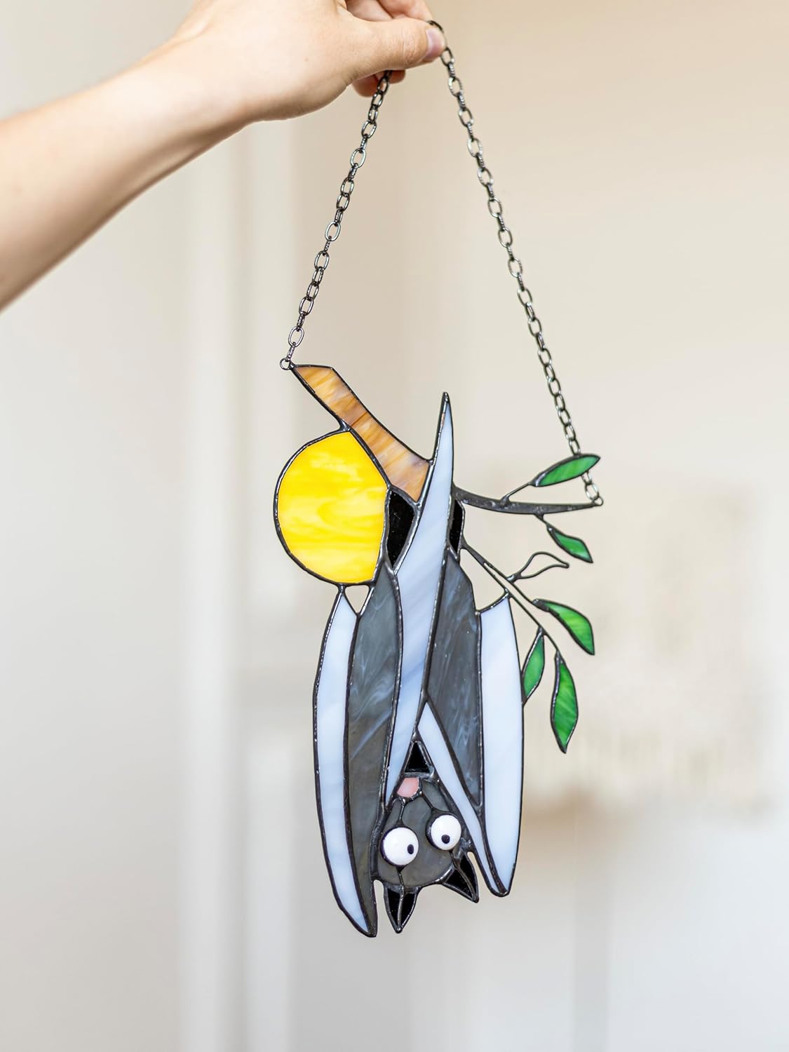 Halloween Glass Bat and Moon Stained Glass Sun Catcher. Gothic Tree Design Perfect for Home or Garden Decor. Dark-Themed Ornament for Window Wall Hanging. Gothic Housewarming Gift