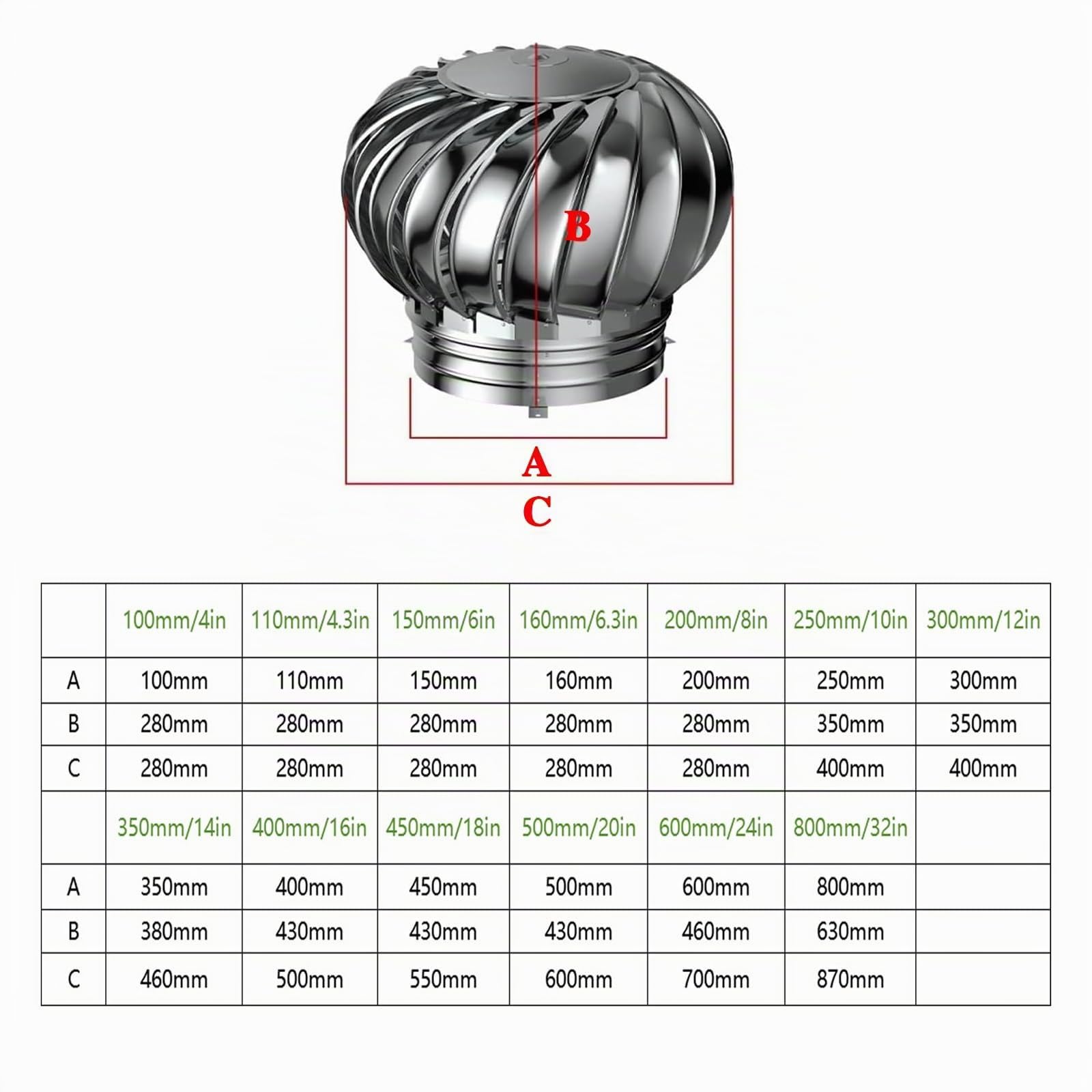 Ventilation Turbine 4 Pouces, Chapeau de cheminée 100 mm en Acier Inoxydable 304, Ventilation Turbine rotative, aérateur de toiture, Ventilation de toiture, Ventilation de toiture Tous Temps