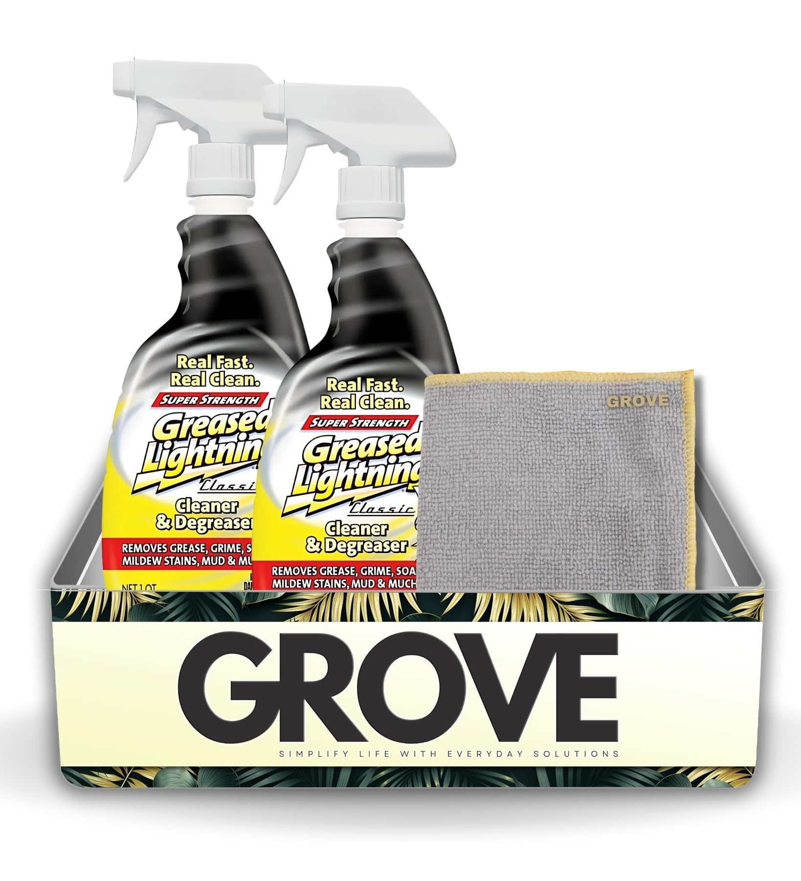Greased Lightning Lemon Scent Cleaner & Degreaser Spray 32 oz Bundle with Microfiber Cloth - Powerful All-Purpose Cleaner - Fast-Acting Stain Remover for Everyday Cleaning - (3 Items)