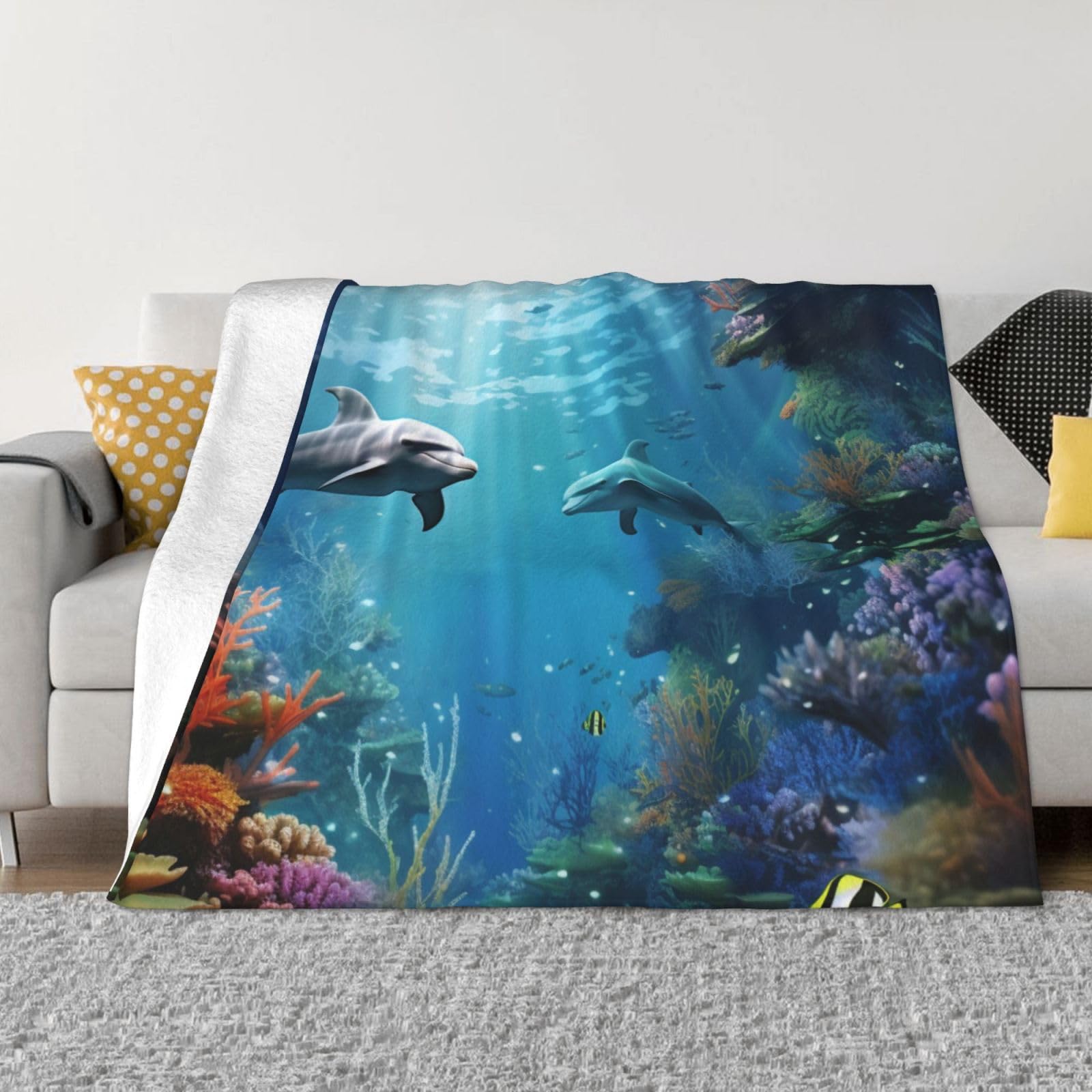 FodPand Blue Ocean Underwater Fish Fleece Blanket 40"x30" Lightweight Warm Throw Blanket for Bed Couch Cozy Air Conditioning Quilt All Seasons Decorative Fuzzy Blankets Gifts for Women Men