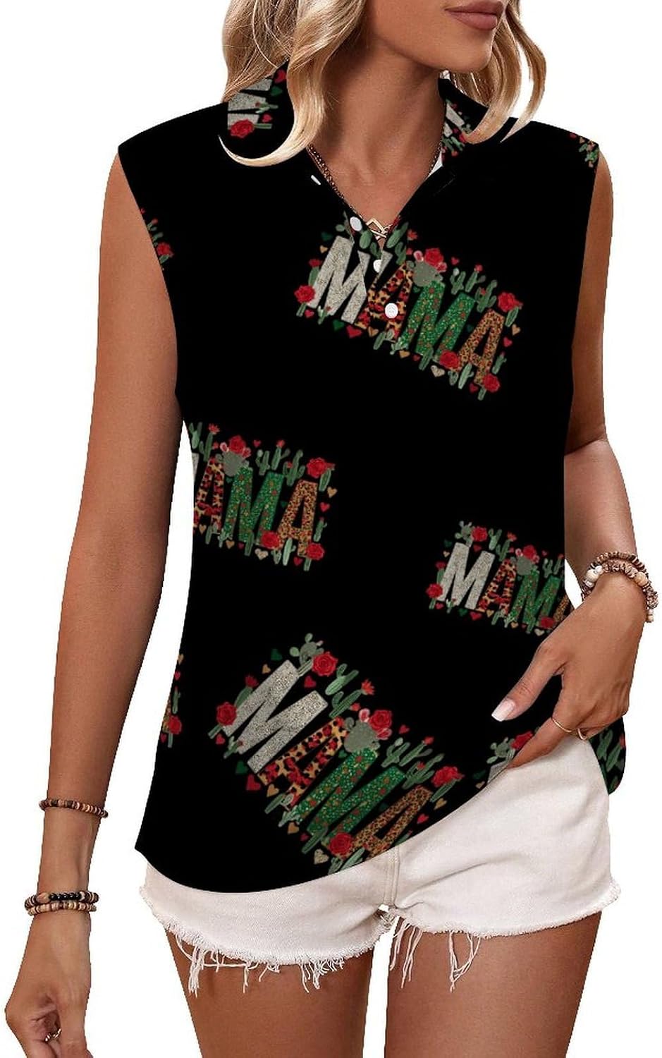 Floral Cactus Mama Womens Sleeveless V Neck Golf Polo Shirts | Collared Tank Tops