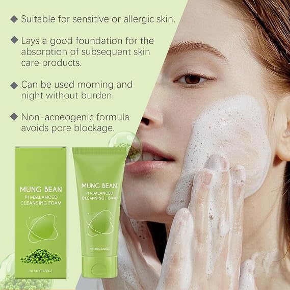 Soelegant 2 Pack Mung Bean Cleansing Foam,Deep Pore Cleansing Face Wash,Gentle Soothing Daily Facial Cleanser for Acne-prone Sensitive Skin,pH-Balanced Moisturizing Skincare for Men and Women