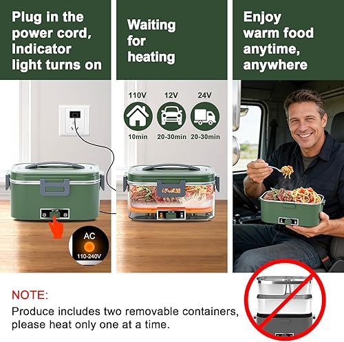 Miniatura 2 de Lonchera eléctrica con calefacción para adultos, 100W 3-EN-1 Paquete de 2 contenedores de 1.8L, lonchera con calefacción para hombres, portátil de