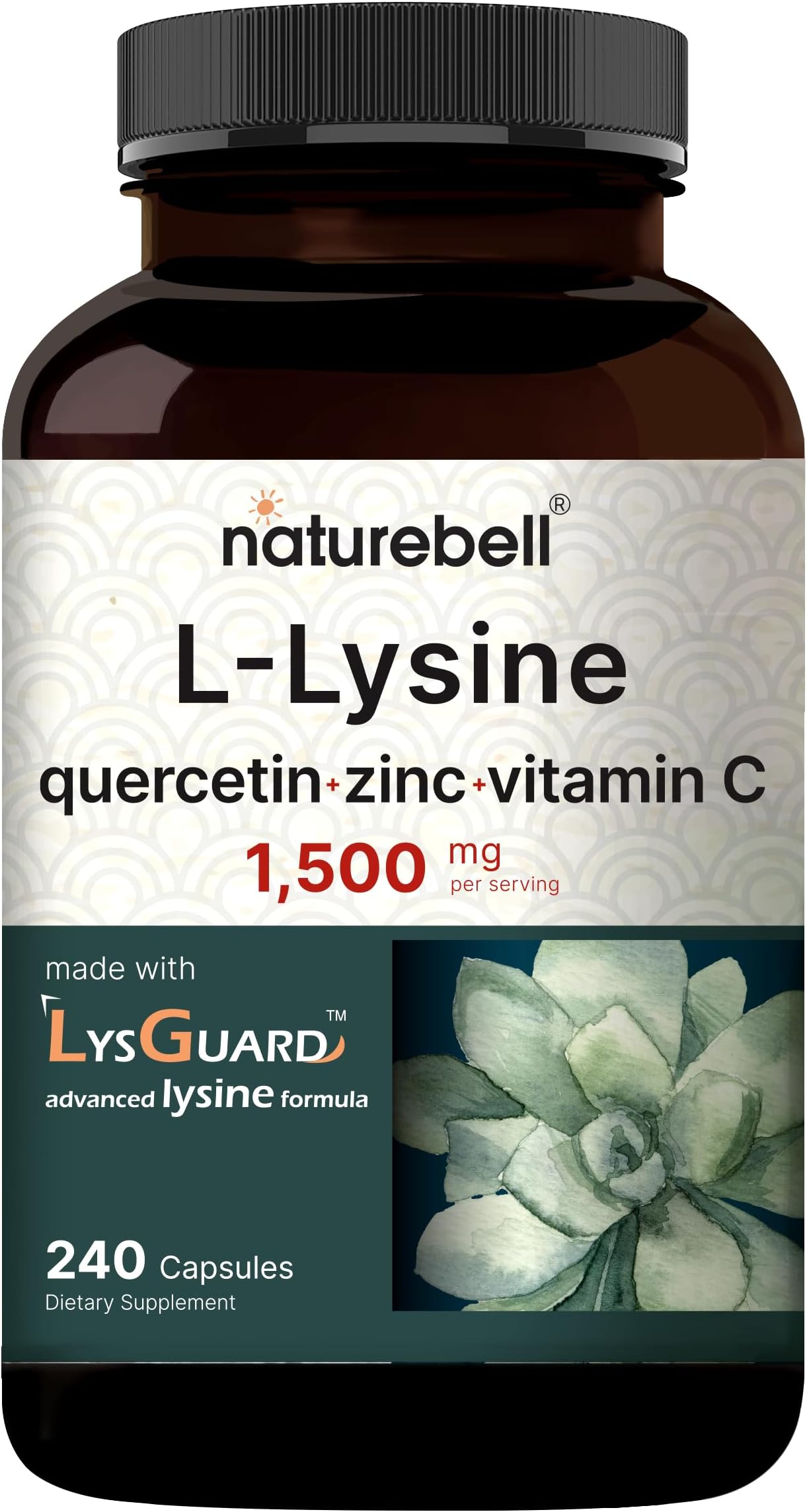 NatureBell L-Lysine 1000mg + Quercetin 250mg Supplement, 240 Capsules, Free Form, 4-in-1 Lysine Complex, Quercetin with Vitamin C and Zinc | Immune Support | Promote Lips & Skin Health