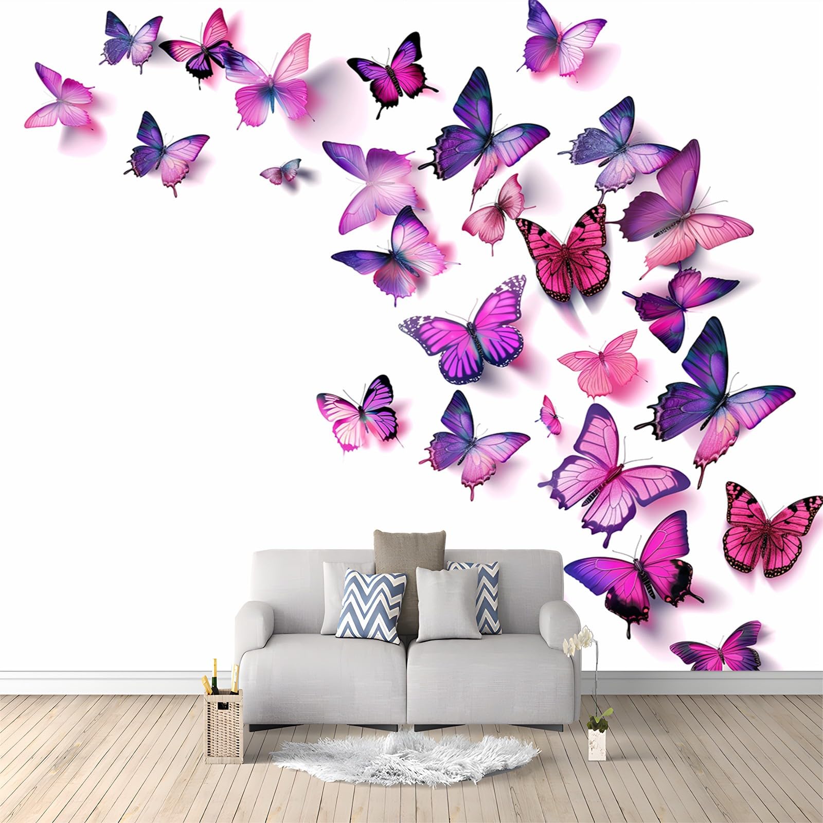 Tapeta ścienna biała fioletowa tapeta z włókniny do sypialni pokoju dziecięcego motyl elegancka kreskówka plakat ścienny 400 x 280 cm