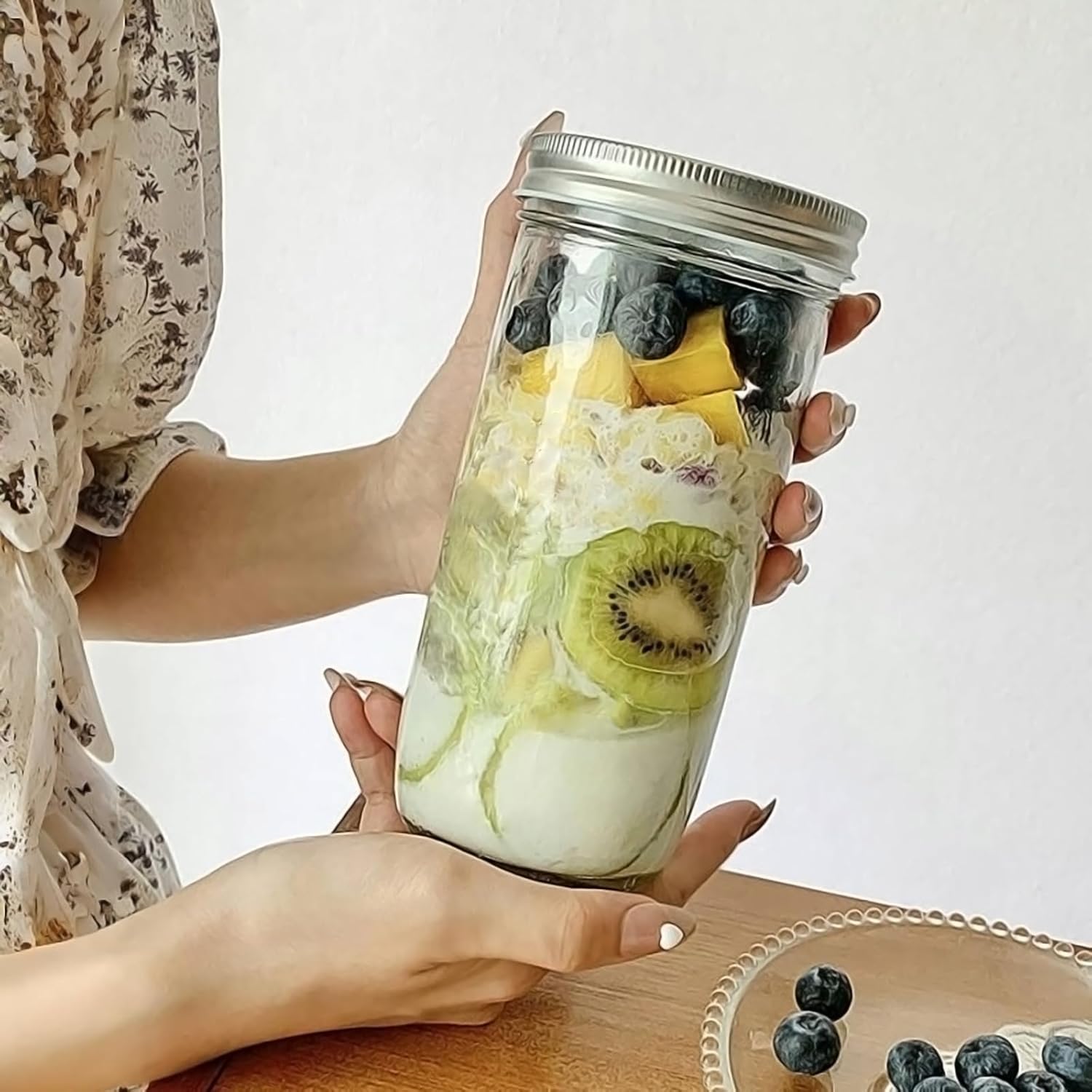 24 OZ Mason Jars Wide Mouth with Airght Lids, 24OZ Tall Glass Storage Canning Jar, Safe Preserving Food or Pickle, Pack of 12